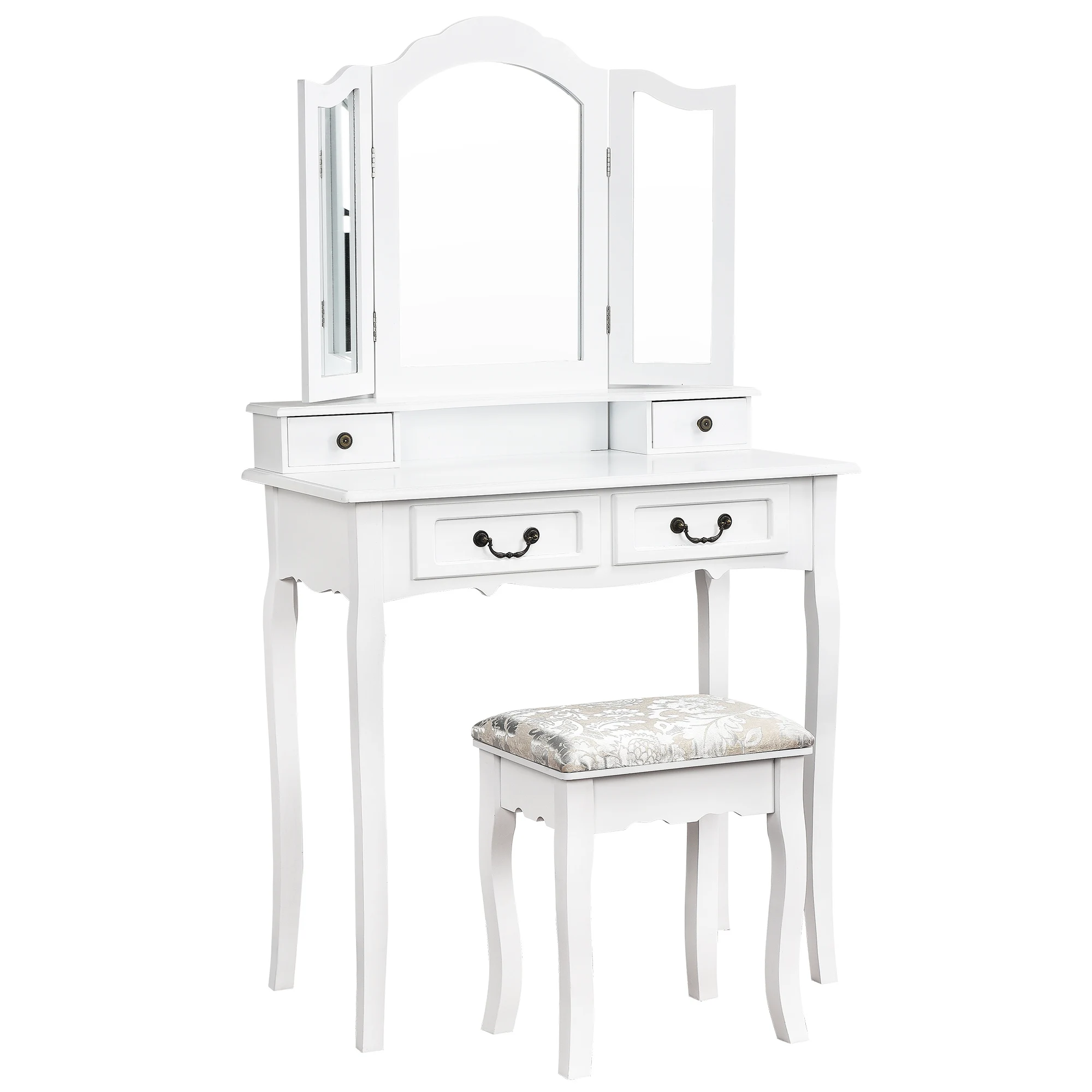 Coiffeuse Miroir & Tabouret - Rangement 3 Tiroirs, Blanc Vintage Vue d
