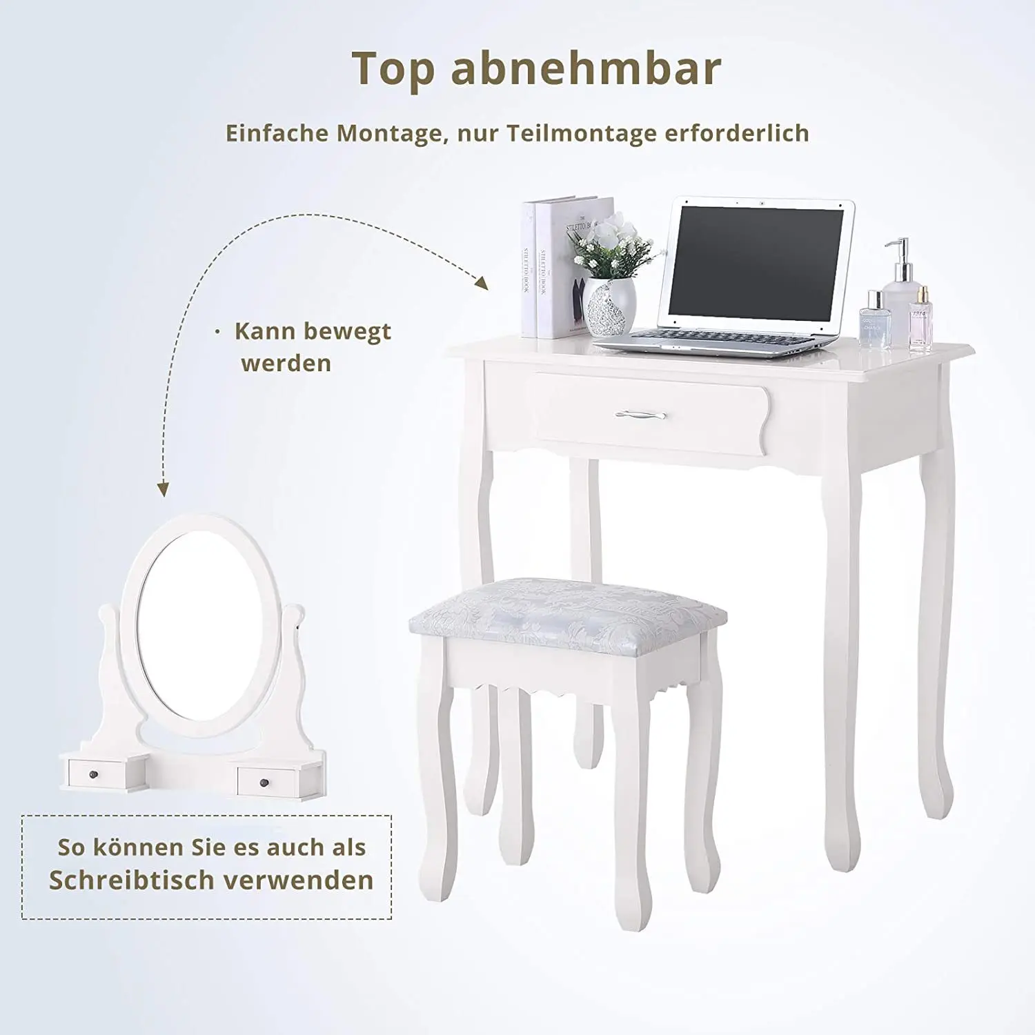 Coiffeuse Miroir & Tabouret - Rangement 3 Tiroirs, Blanc Vintage Miroir ovale pivotant à 360 degrés d