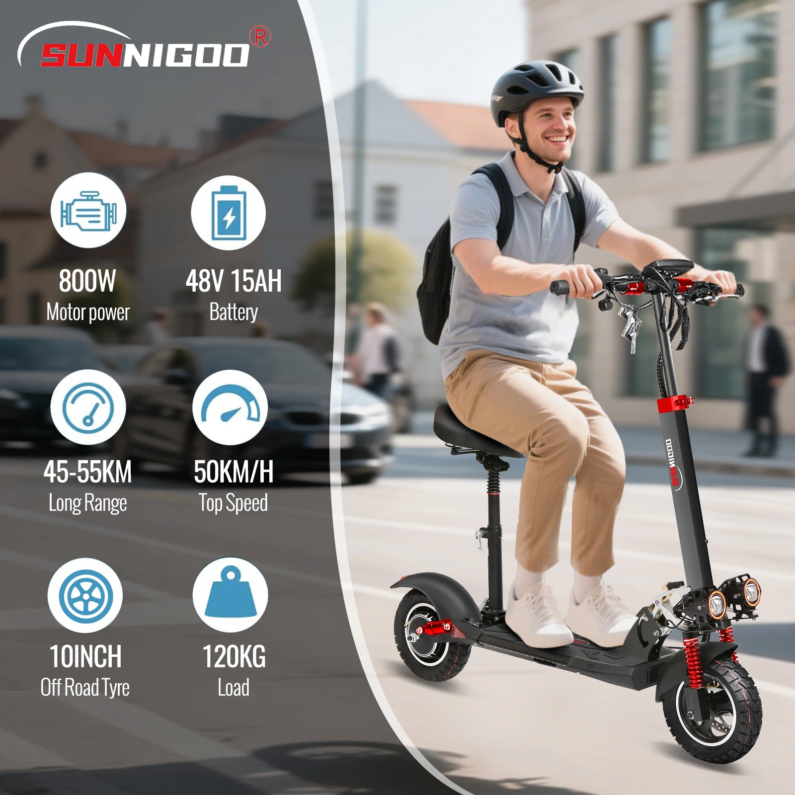 Trottinette Électrique 800W - 50km/h, Siège Amovible & Pliable Utilisateur roulant sur la trottinette électrique avec siège