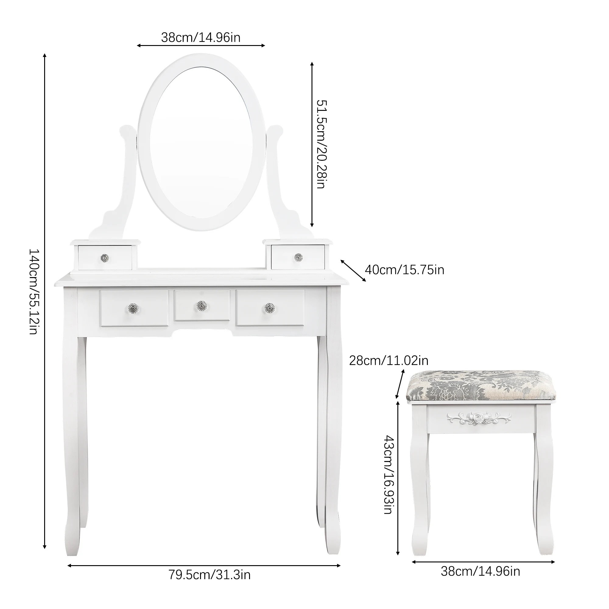 Coiffeuse Miroir Triple & Tabouret Rembourré - Rangement Maquillage Moderne Détail du support intégré pour sèche-cheveux sur la coiffeuse blanche