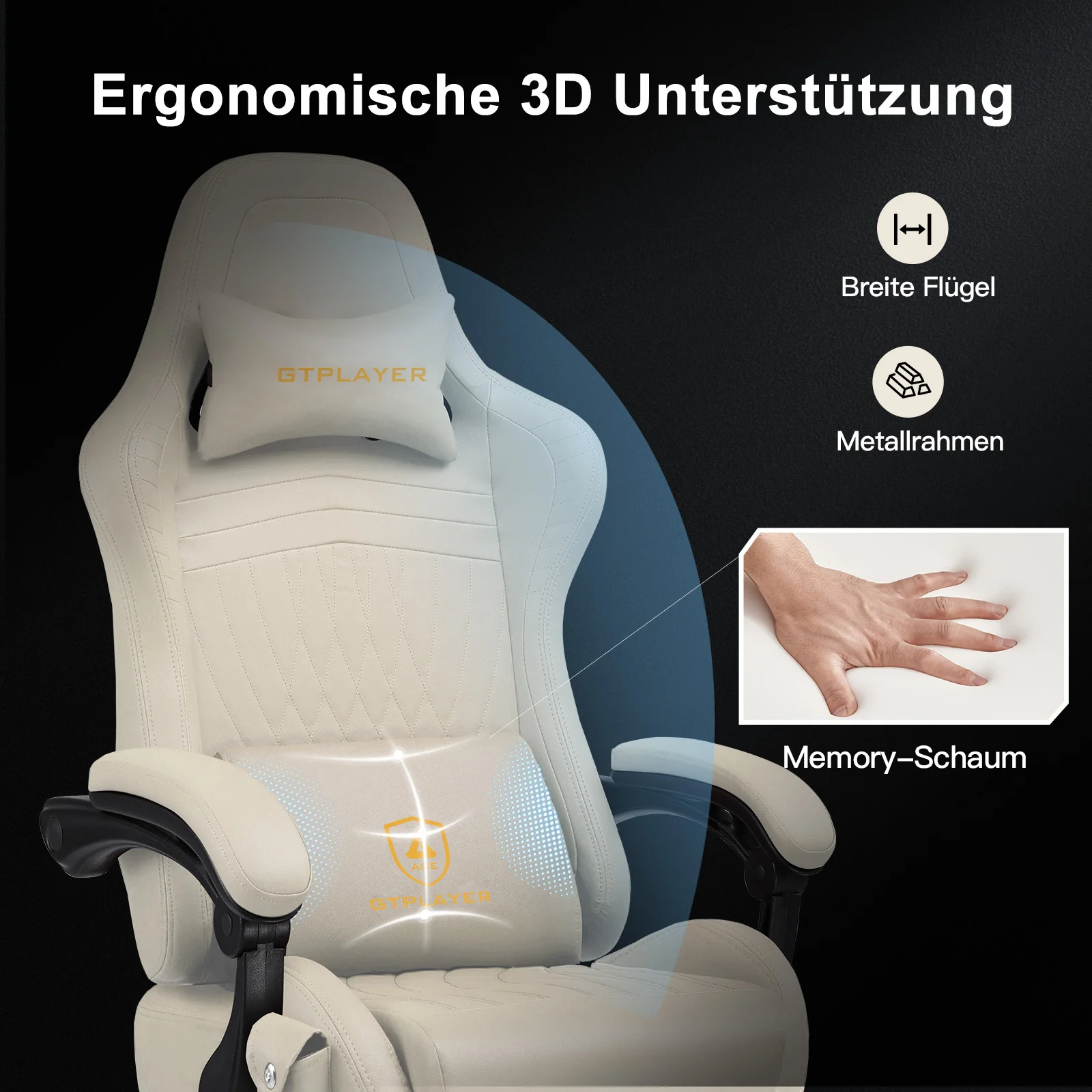 Chaise Gaming GTPLAYER Ergonomique avec Repose-pieds & Audio 3D Détail de la base et des roulettes en nylon de la chaise GTPLAYER