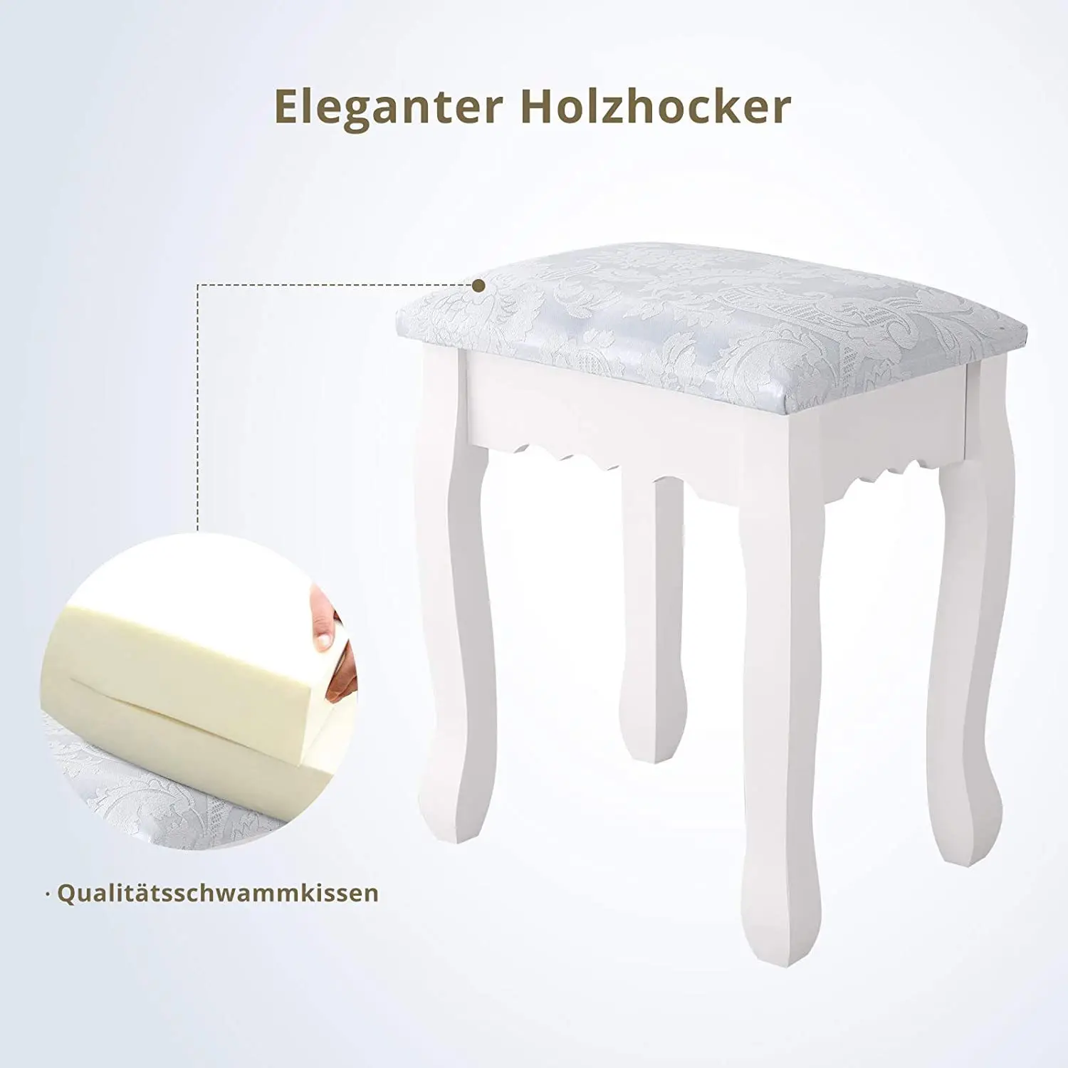 Coiffeuse Miroir & Tabouret - Rangement 3 Tiroirs, Blanc Vintage Tabouret de coiffeuse en bois sculpté avec assise rembourrée
