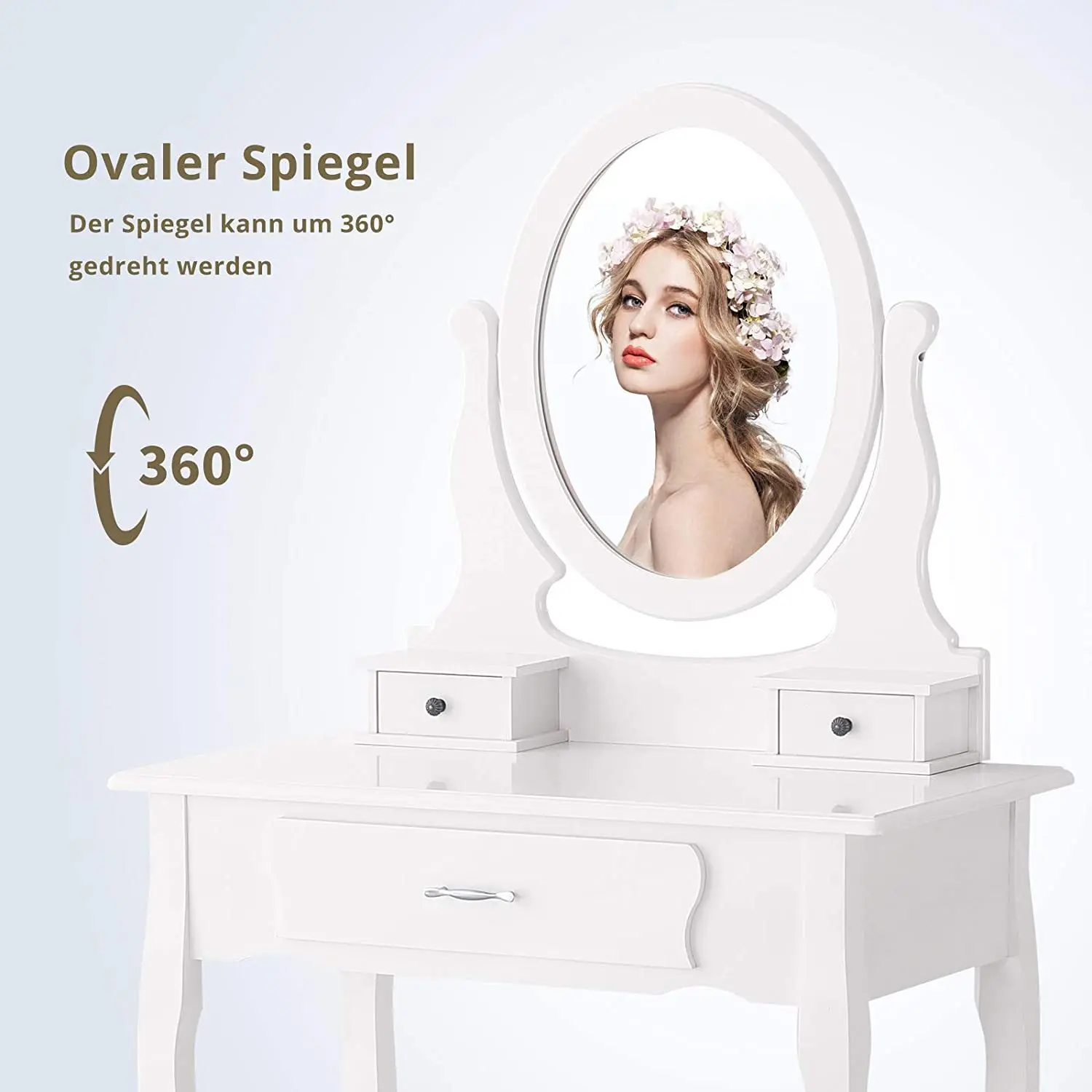Coiffeuse Miroir & Tabouret - Rangement 3 Tiroirs, Blanc Vintage Gros plan des trois tiroirs sculptés d