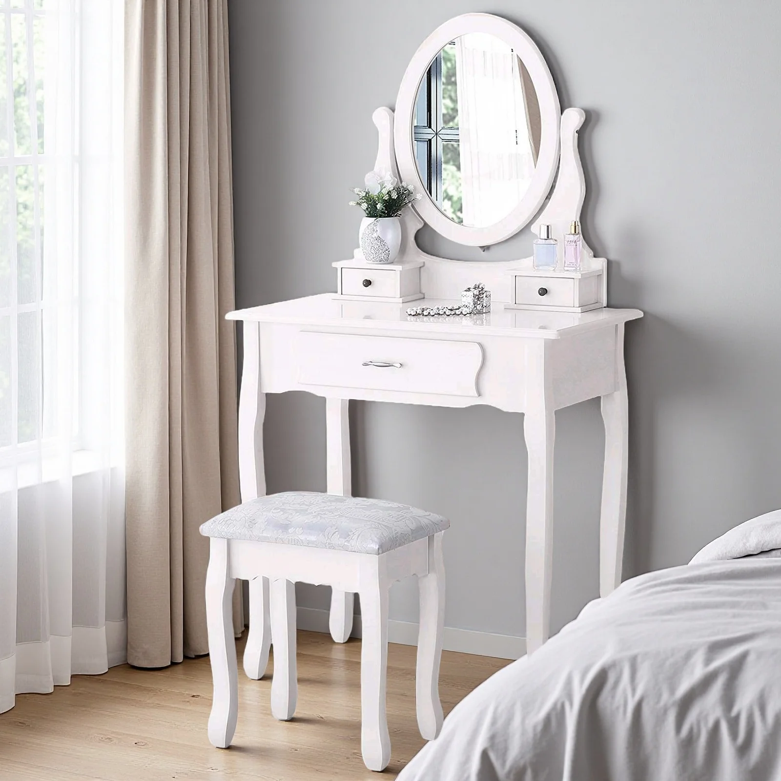 Coiffeuse Miroir & Tabouret - Rangement 3 Tiroirs, Blanc Vintage Coiffeuse blanche style vintage avec miroir ovale et tabouret rembourré