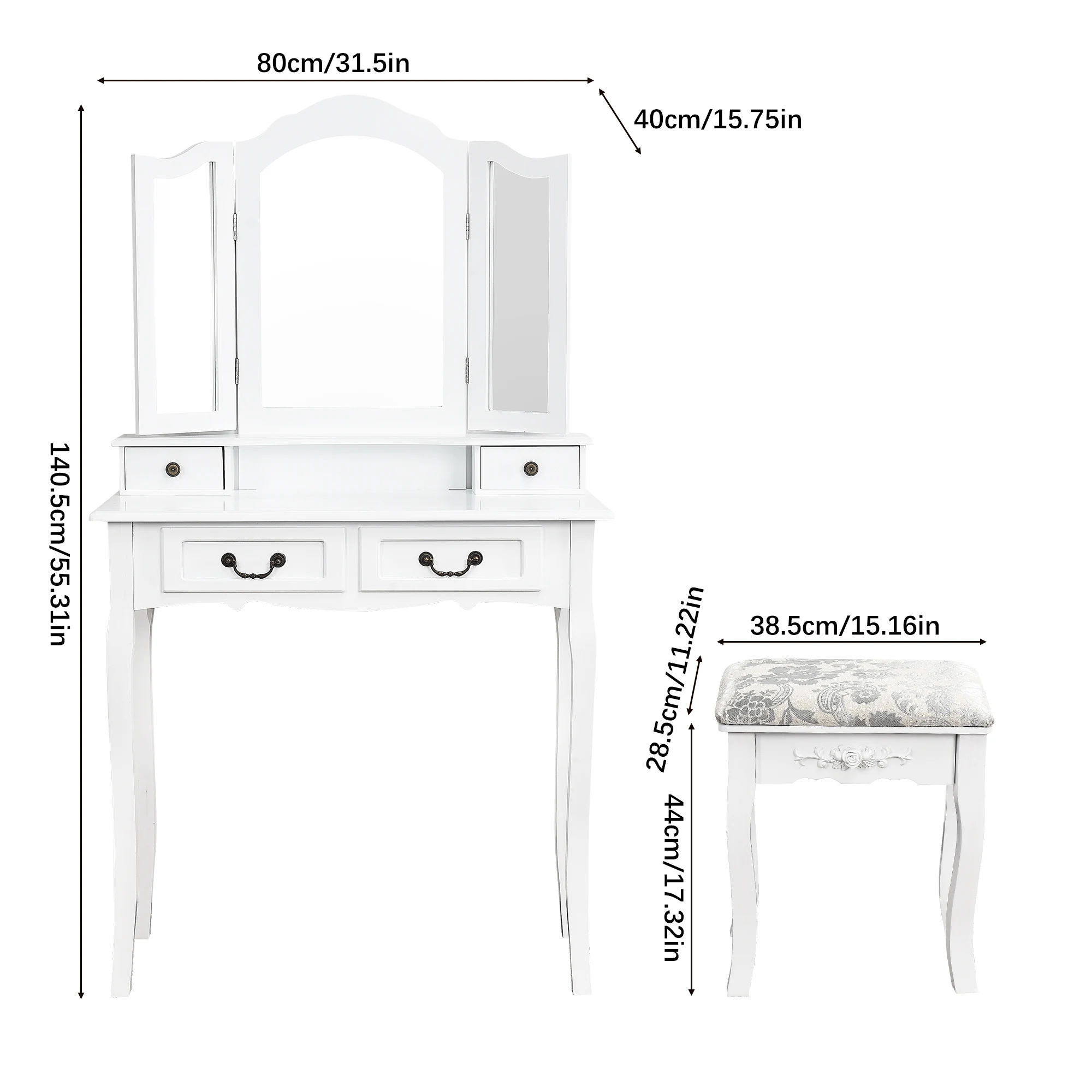Coiffeuse Miroir Triple & Tabouret Rembourré - Rangement Maquillage Moderne Vue rapprochée du miroir triple de la coiffeuse avec des produits de maquillage disposés sur la table