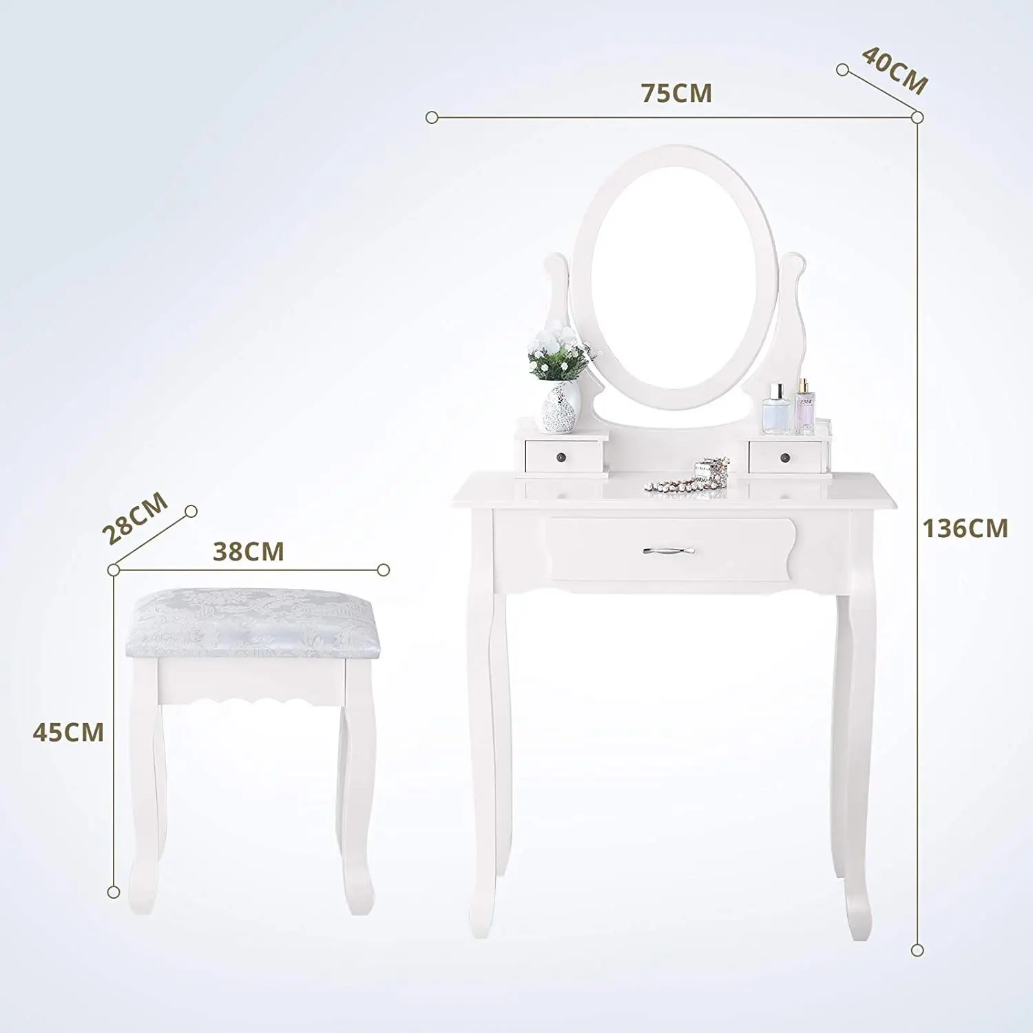 Coiffeuse Miroir & Tabouret - Rangement 3 Tiroirs, Blanc Vintage Jeune femme utilisant une coiffeuse blanche avec miroir et tabouret dans une chambre lumineuse