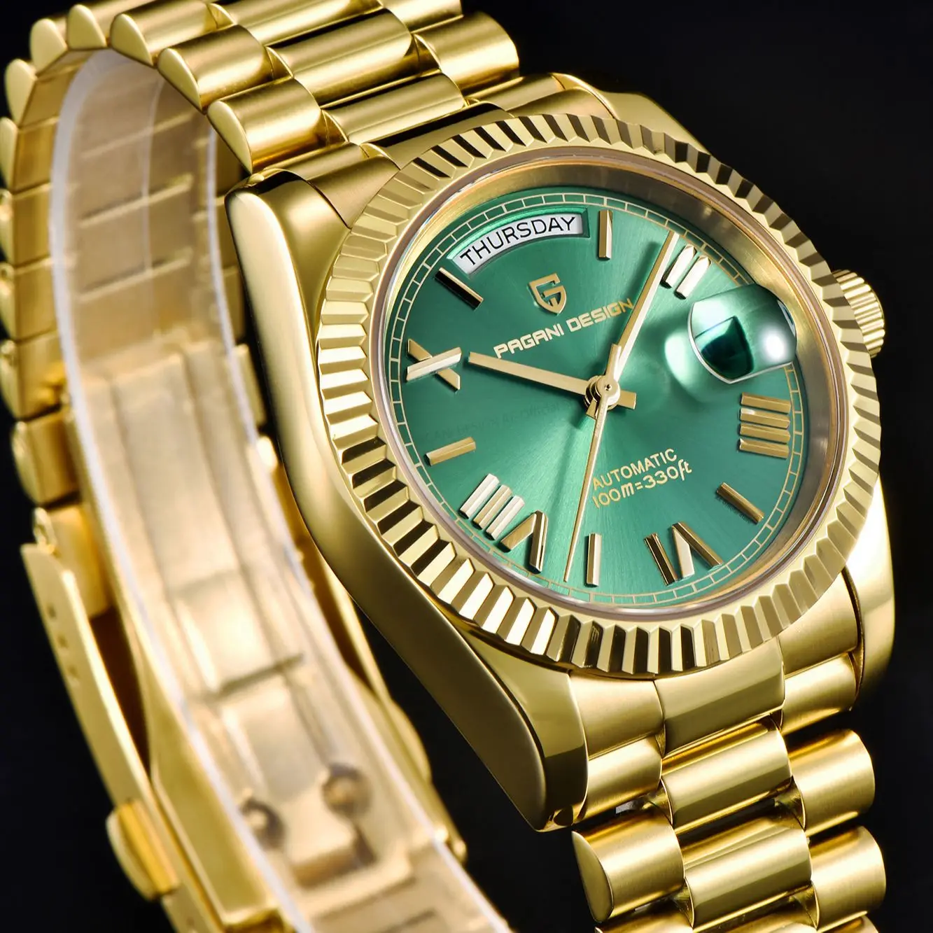 Montre Homme Automatique PAGANI DESIGN DD36 Or Vert V2 Luxe Saphir Fond de boîtier vissé de la montre Pagani Design DD36