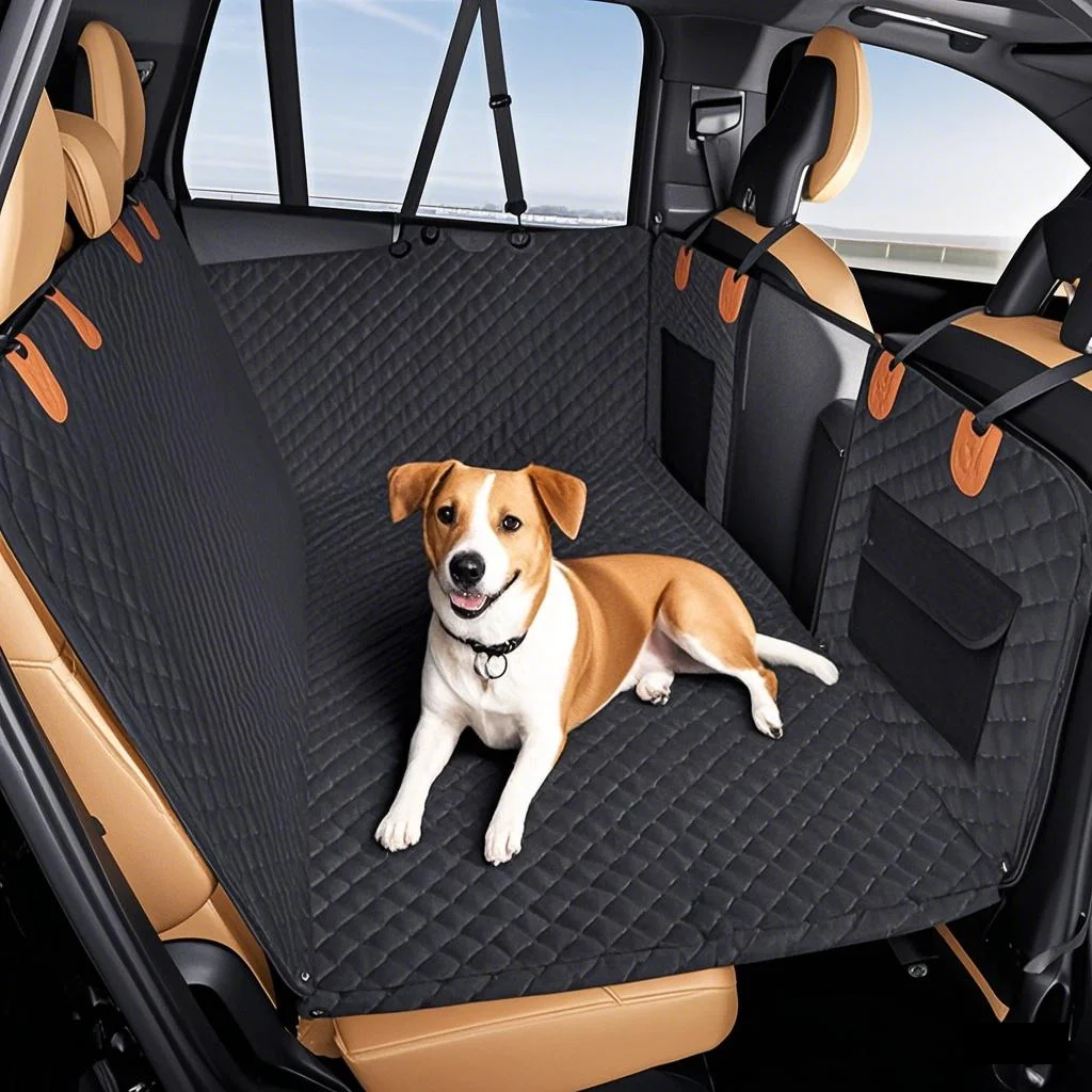 Chien confortablement installé sur la housse de siège auto avec fenêtre en maille