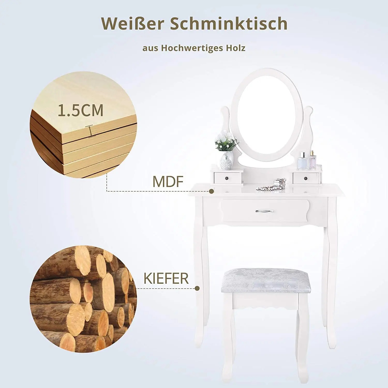 Coiffeuse Miroir & Tabouret - Rangement 3 Tiroirs, Blanc Vintage Coiffeuse blanche transformée en petit bureau avec un ordinateur portable et des accessoires de papeterie