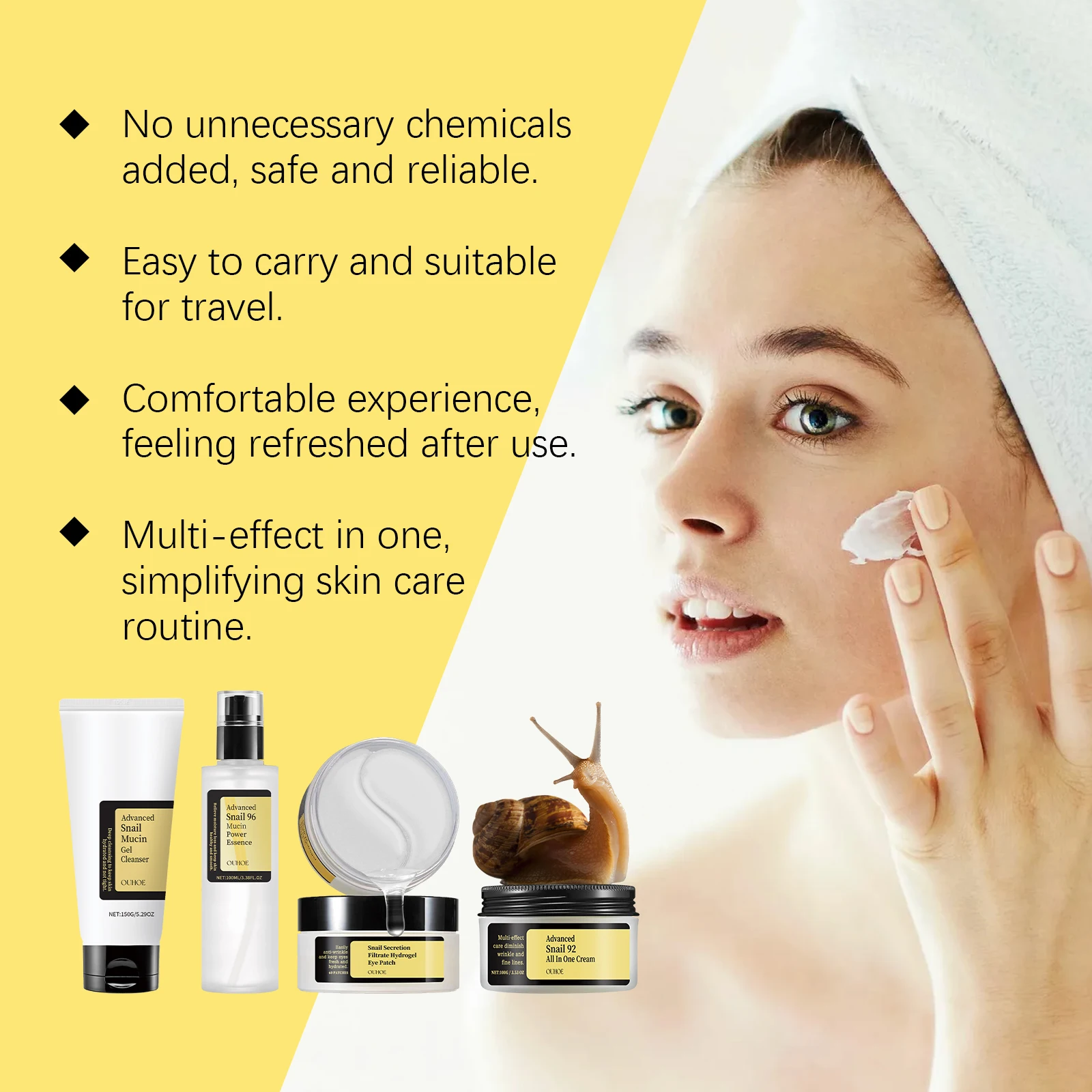 Kit Soin Visage Bave Escargot Ouhoe - Hydratant, Anti-Rides & Réparateur Vue détaillée des produits du kit soin bave d