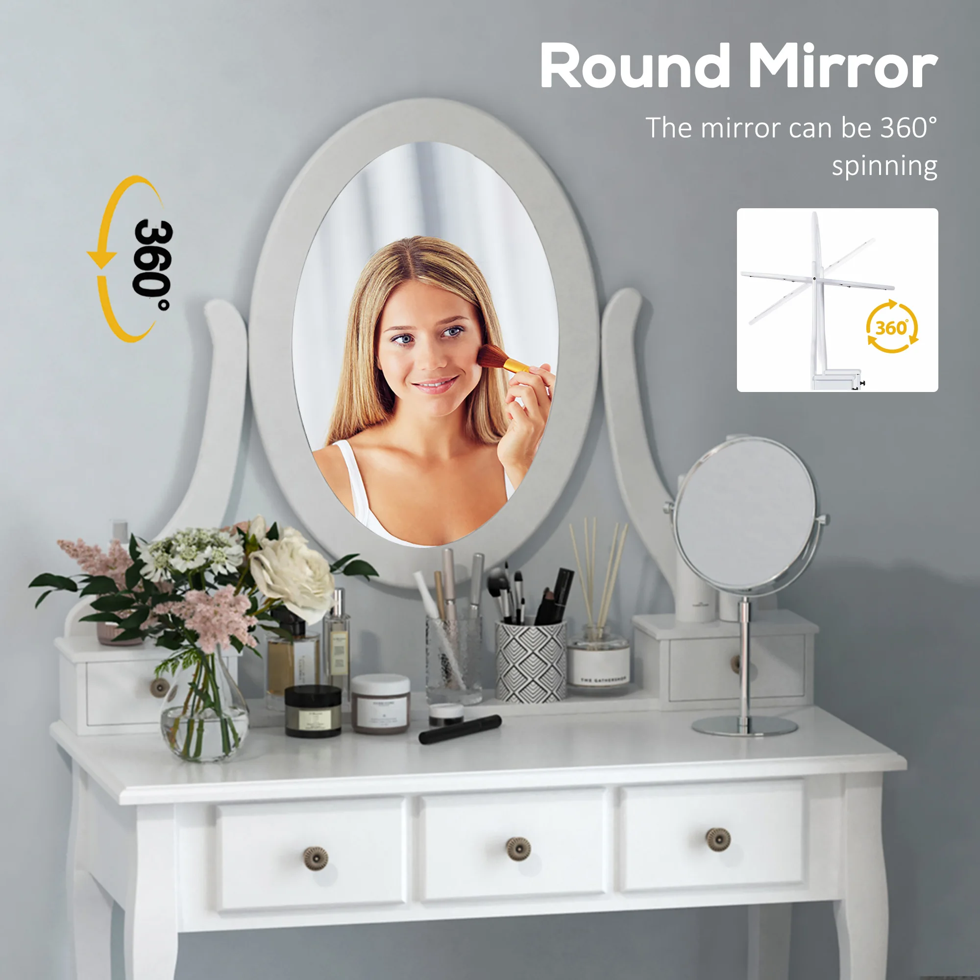 Coiffeuse Maquillage Blanche avec Miroir & Tabouret - 5 Tiroirs Miroir pivotant de la coiffeuse avec détail sur la base et le cadre