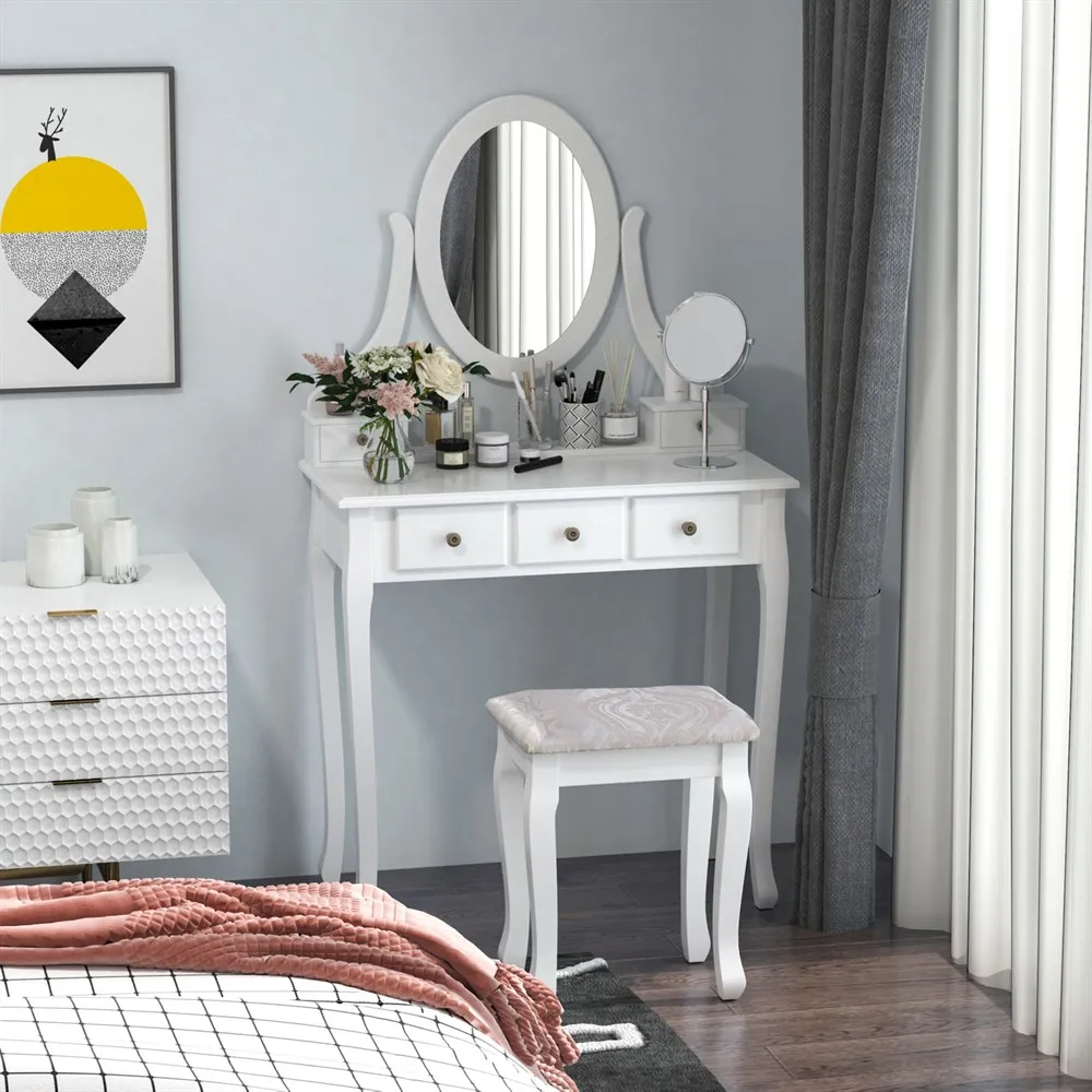 Coiffeuse Maquillage Blanche avec Miroir & Tabouret - 5 Tiroirs Détail des 5 tiroirs de rangement de la coiffeuse, pour accessoires et maquillage