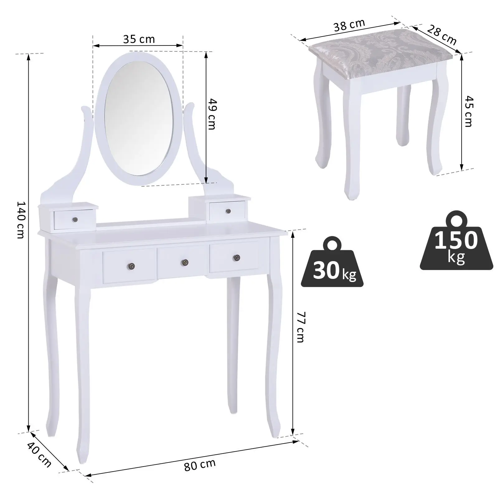 Coiffeuse Maquillage Blanche avec Miroir & Tabouret - 5 Tiroirs Schéma des dimensions détaillées de la coiffeuse avec miroir et tabouret