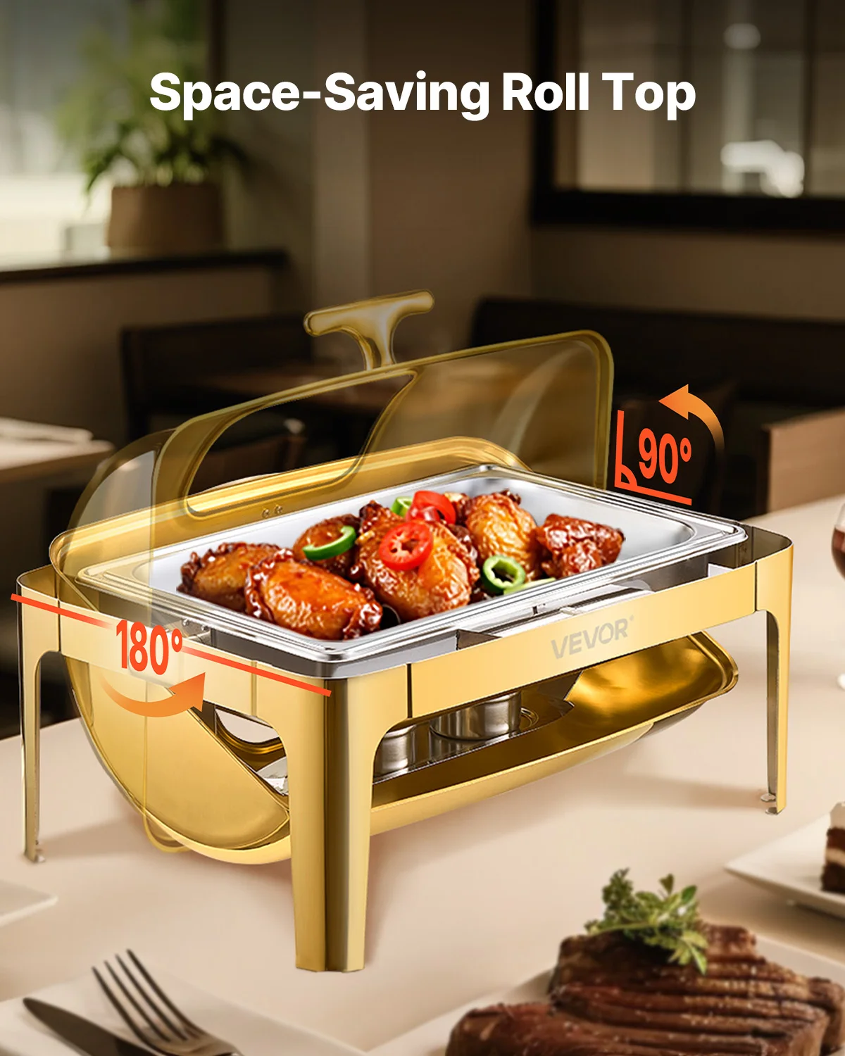 Chauffe-Plats Rectangulaire 9L Acier Inox - Service Buffet Élégant Chauffe-plats rectangulaire SucceBuy en situation, prêt pour le service traiteur