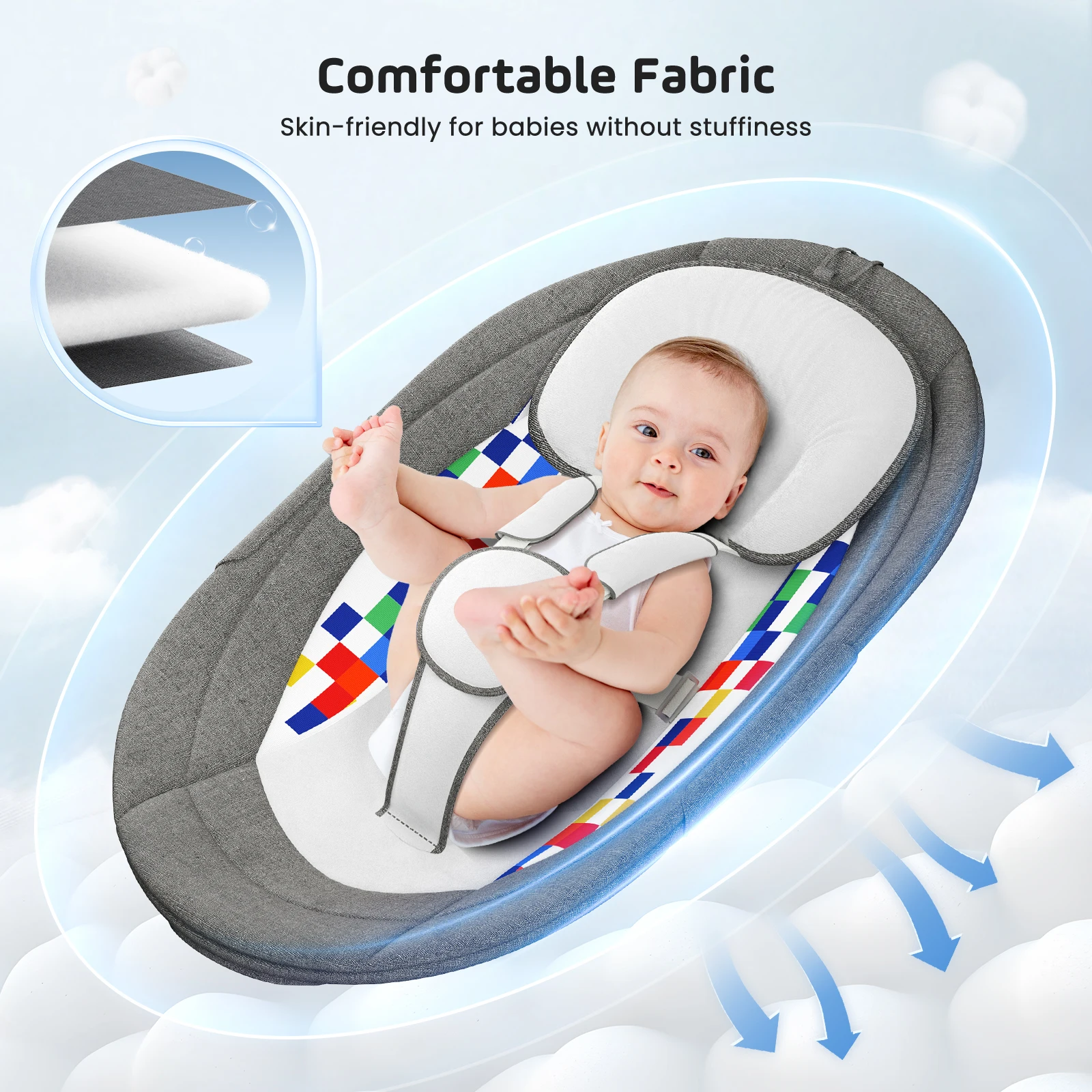 Transat Bébé Électrique Intelligent - 5 Vitesses, Musique & App/BT Panneau de contrôle tactile et télécommande du transat bébé