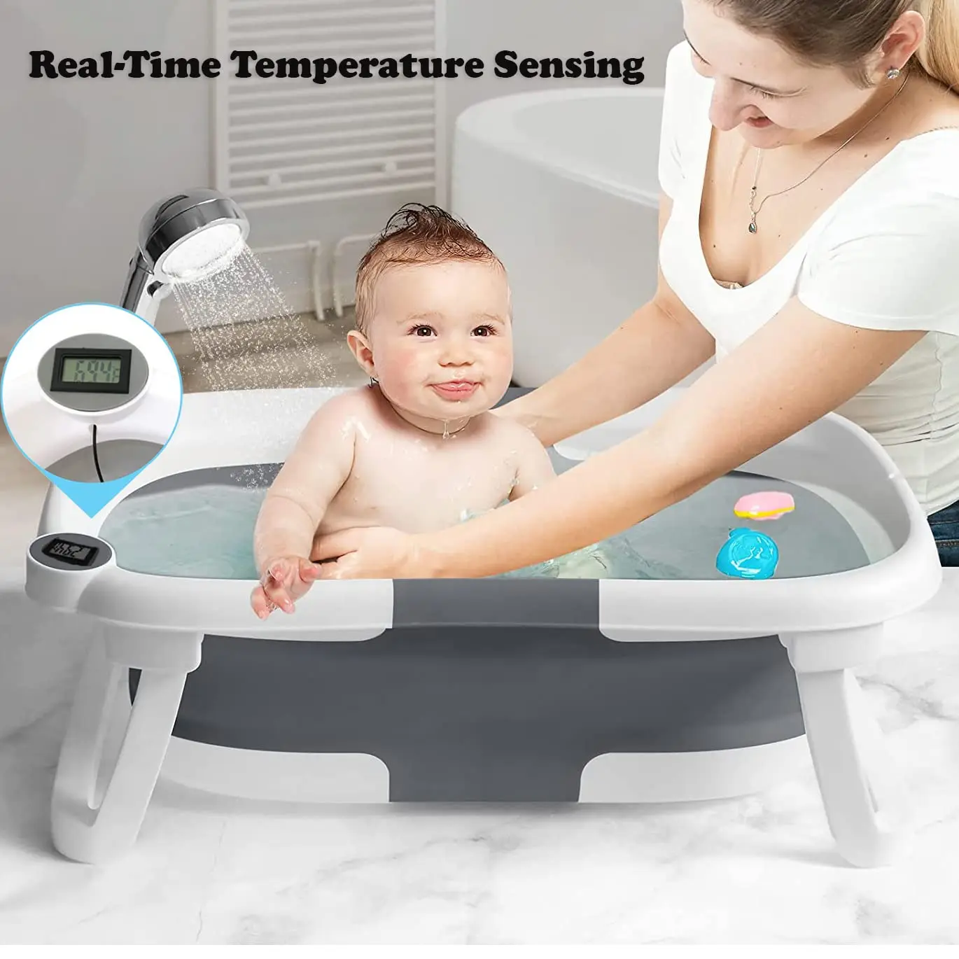Baignoire Bébé Pliante Thermomètre Intégré - Éco-friendly & Sûre Baignoire bébé pliante et compacte pour un rangement facile