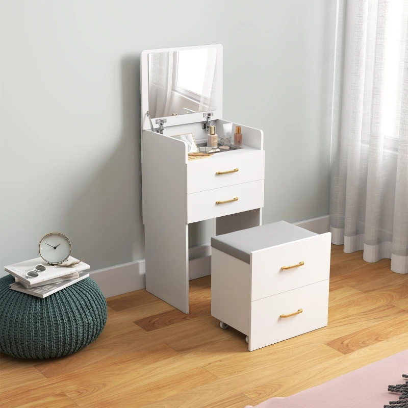 Coiffeuse 3-en-1 Miroir & Tabouret Roulant Blanc - Rangement Chambre Coiffeuse blanche 3-en-1 dans une chambre moderne, avec plateau en verre