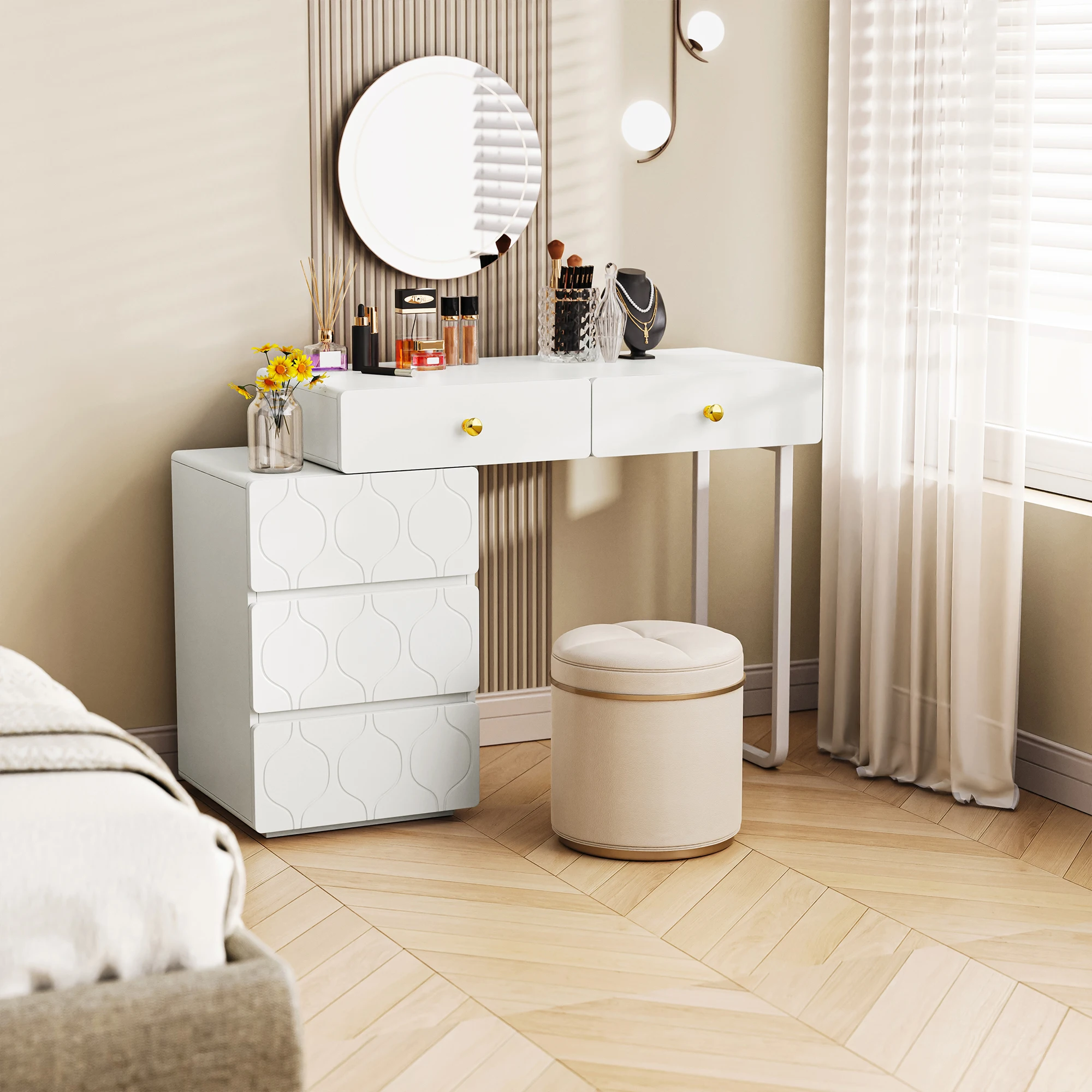 Coiffeuse Moderne Modulable 5 Tiroirs - Design Ondulé Blanc Coiffeuse blanche au design ondulé dans une chambre moderne