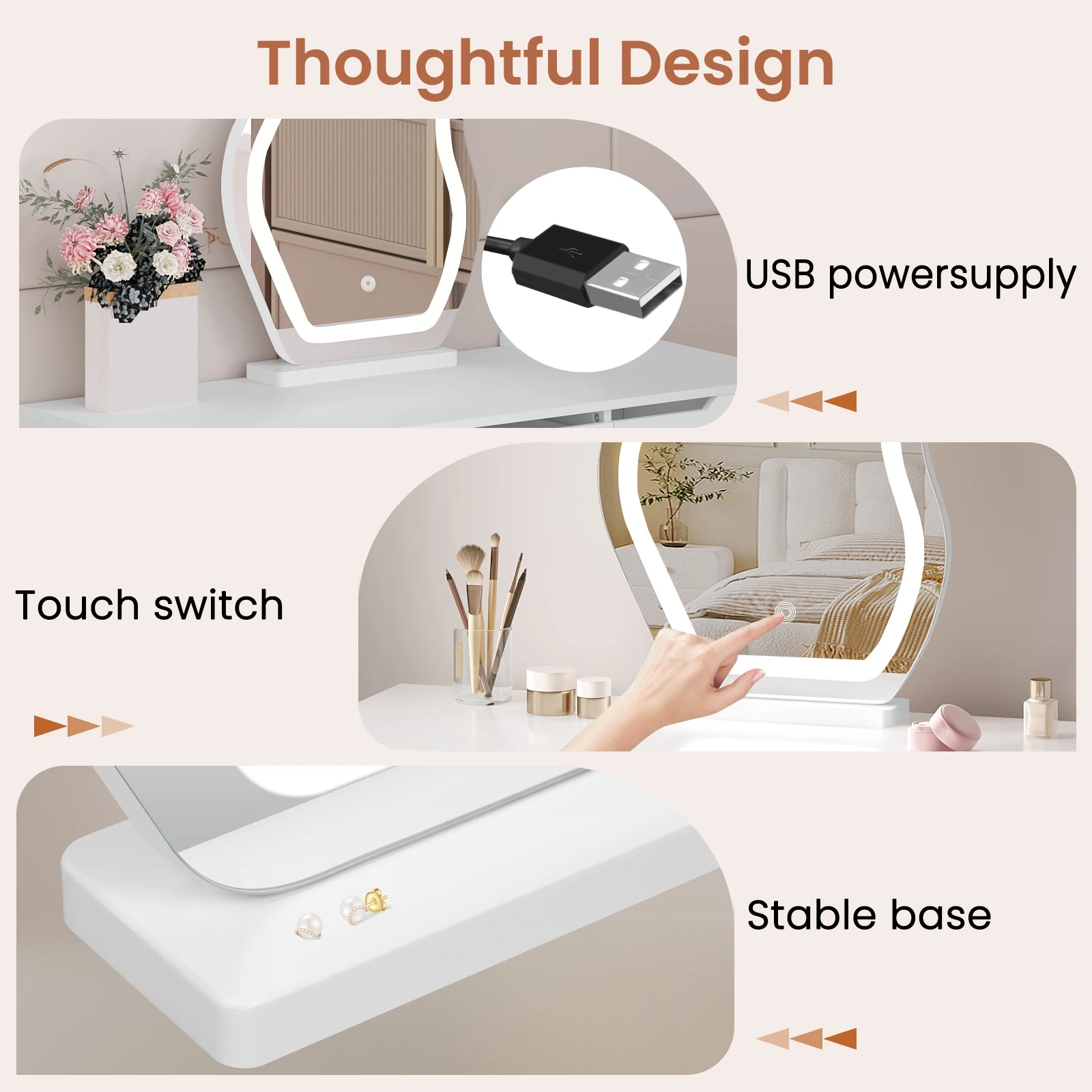 Miroir Maquillage LED Nuage - Lumière Dimmable 3 Couleurs Miroir de table LED dimmable en forme de nuage sur un fond clair