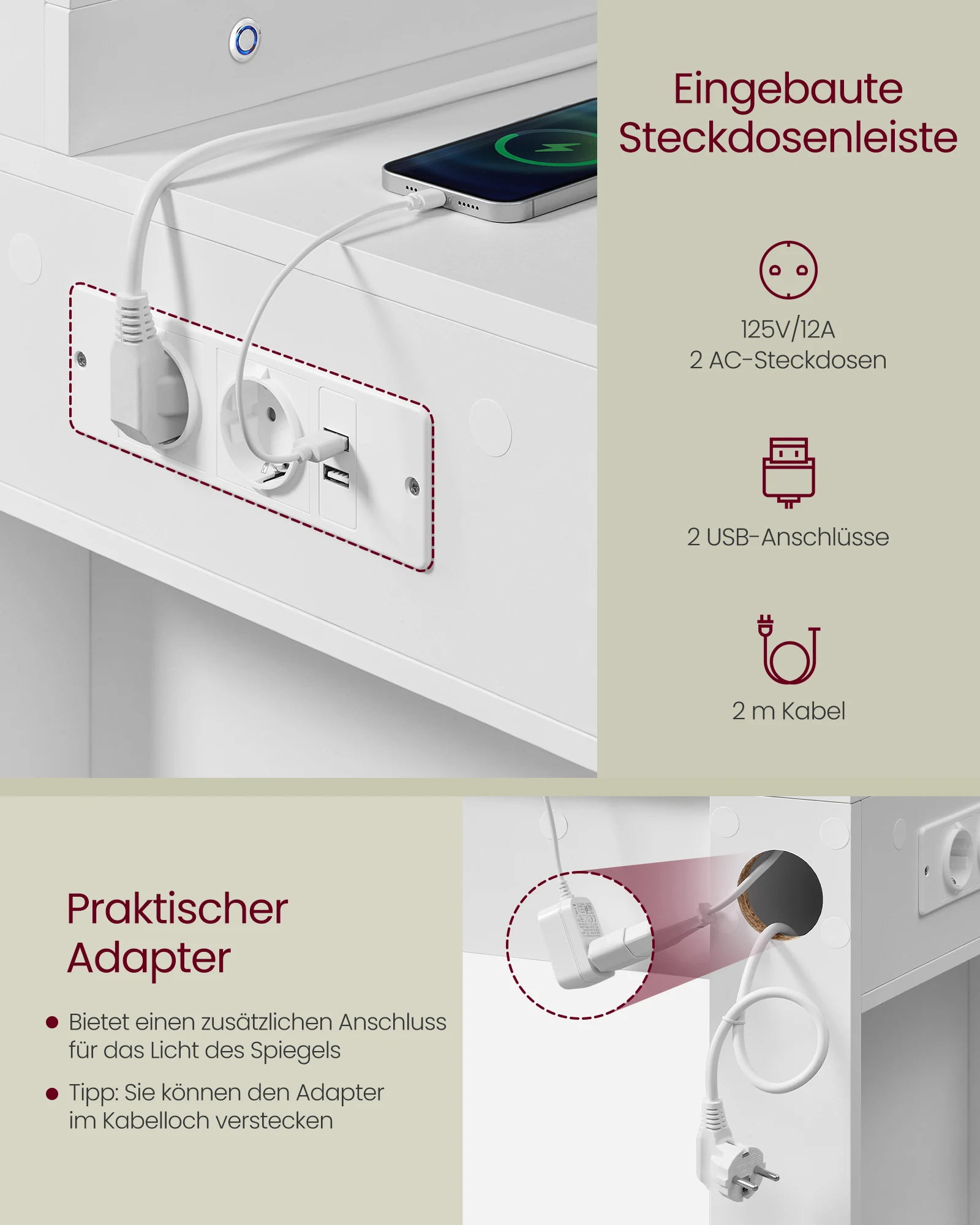 Tiroirs de la coiffeuse VASAGLE avec système de rails fluides