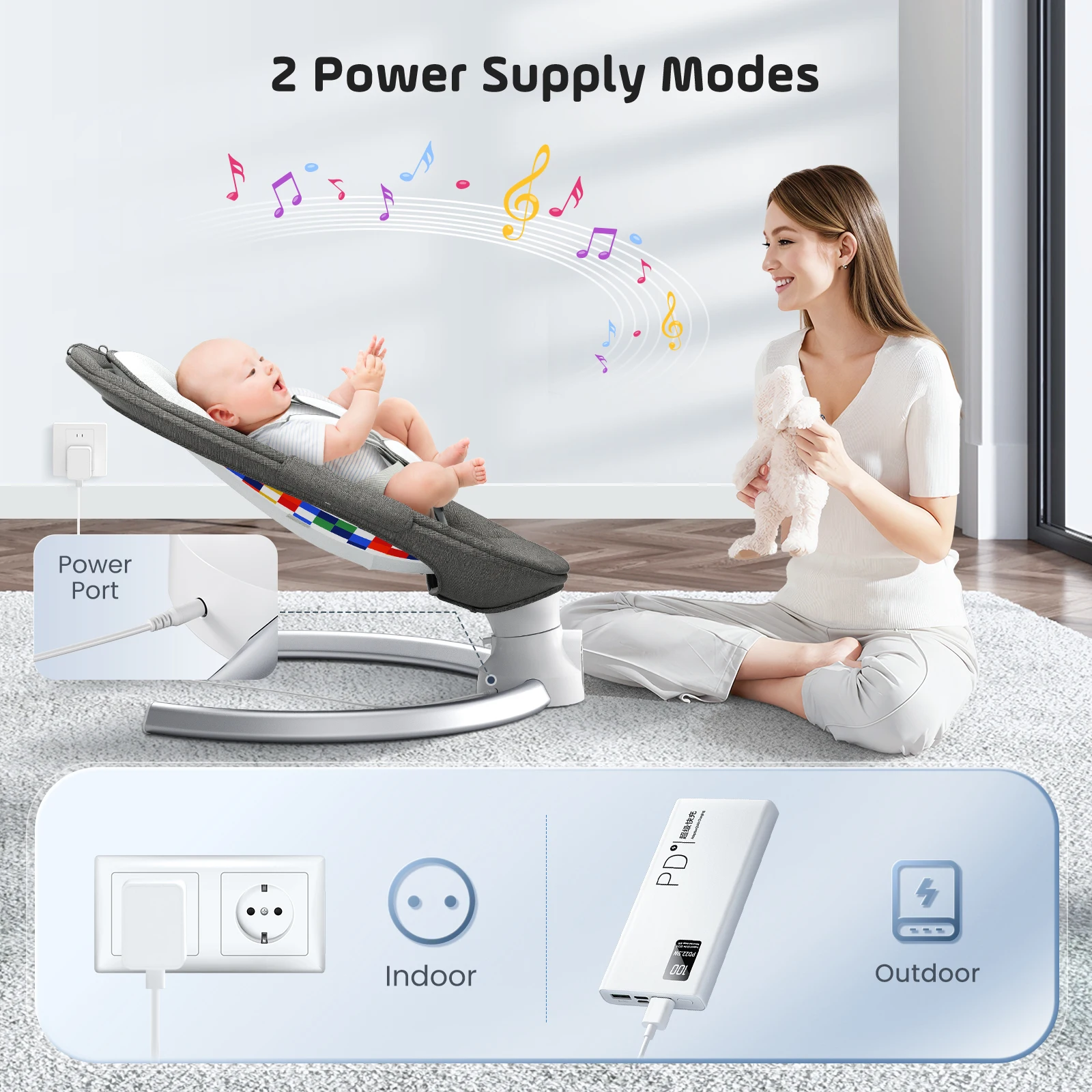 Transat Bébé Électrique Intelligent - 5 Vitesses, Musique & App/BT Transat bébé avec capote et moustiquaire, idéal pour l