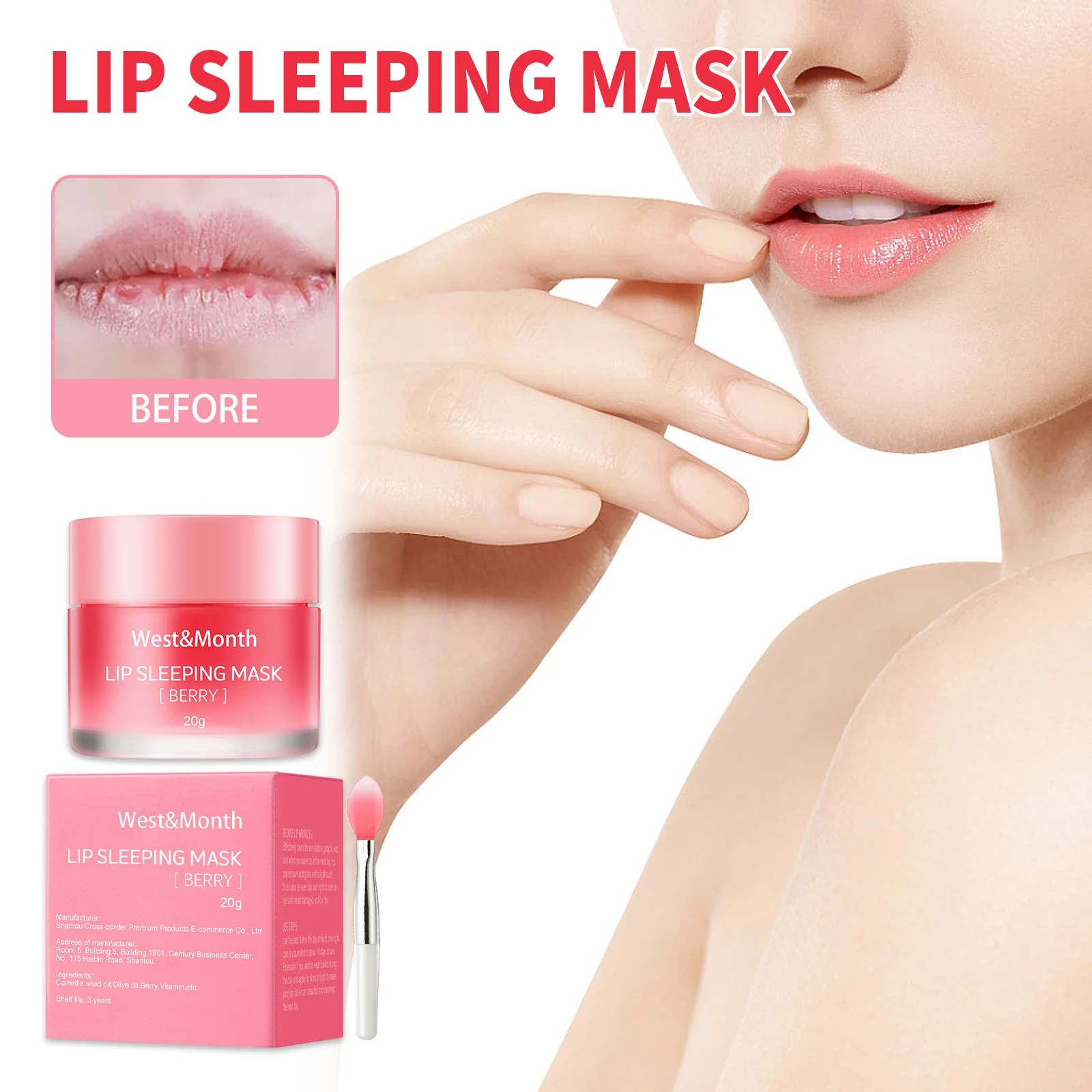 Masque Lèvres Nuit Réparateur Baies - Hydratant Anti-Ridules Coréen Masque lèvres de nuit aux baies, pot rose