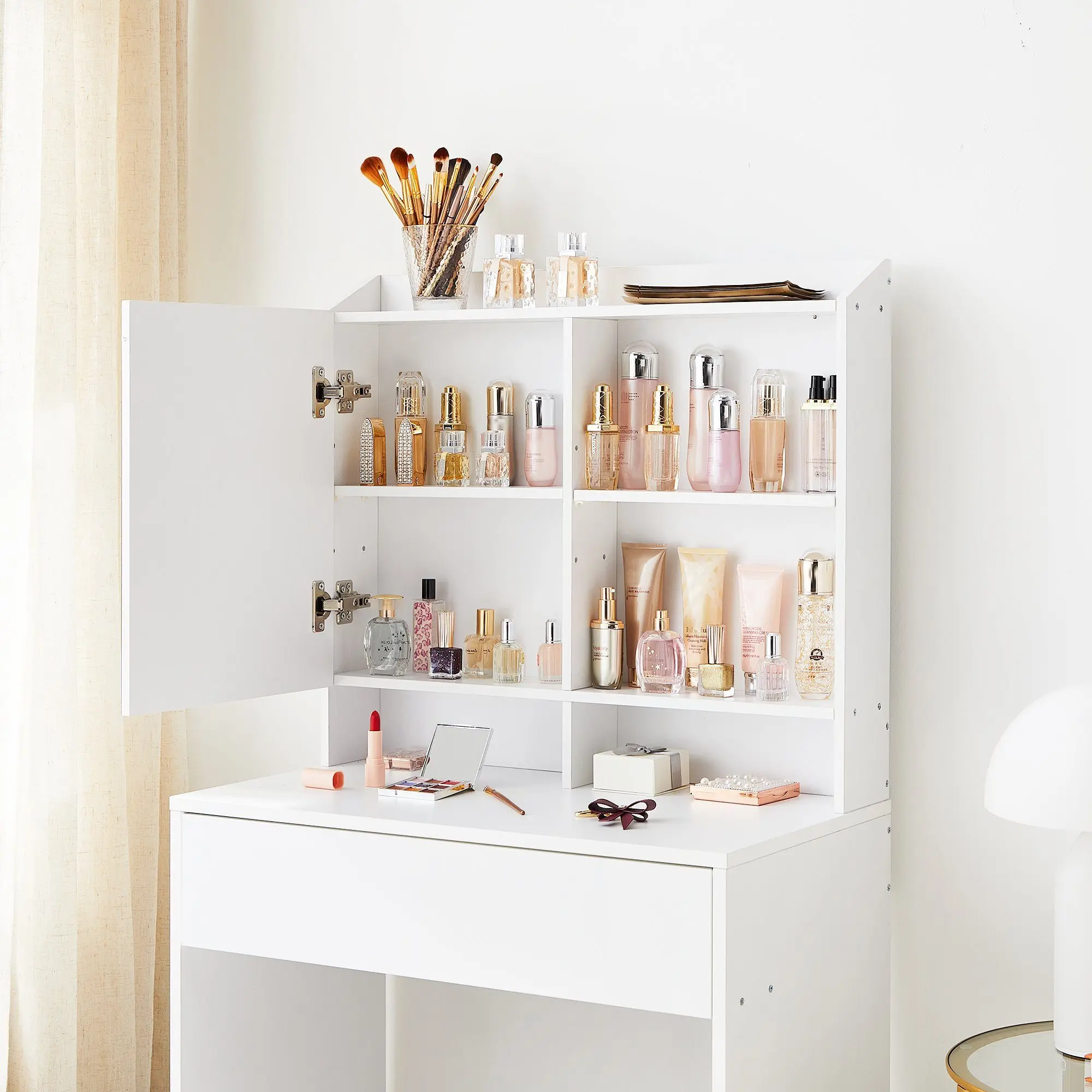 Coiffeuse VASAGLE avec Miroir & Rangements - Blanc Élégant Étagère supérieure de la coiffeuse pour objets décoratifs ou plantes