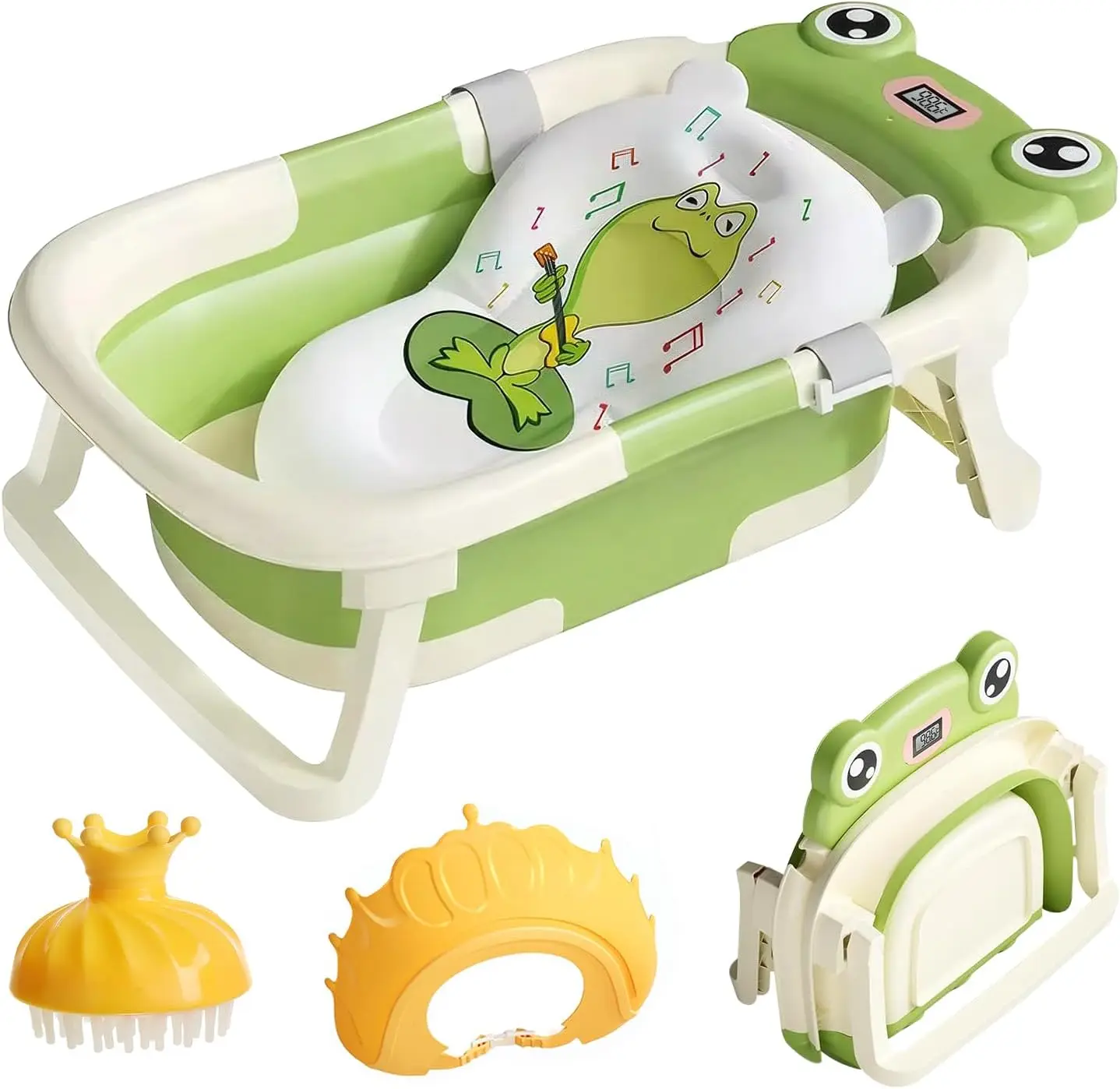 Baignoire Bébé Pliante Thermomètre Intégré - Éco-friendly & Sûre Nouveau-né confortablement installé sur le tapis de bain inclus