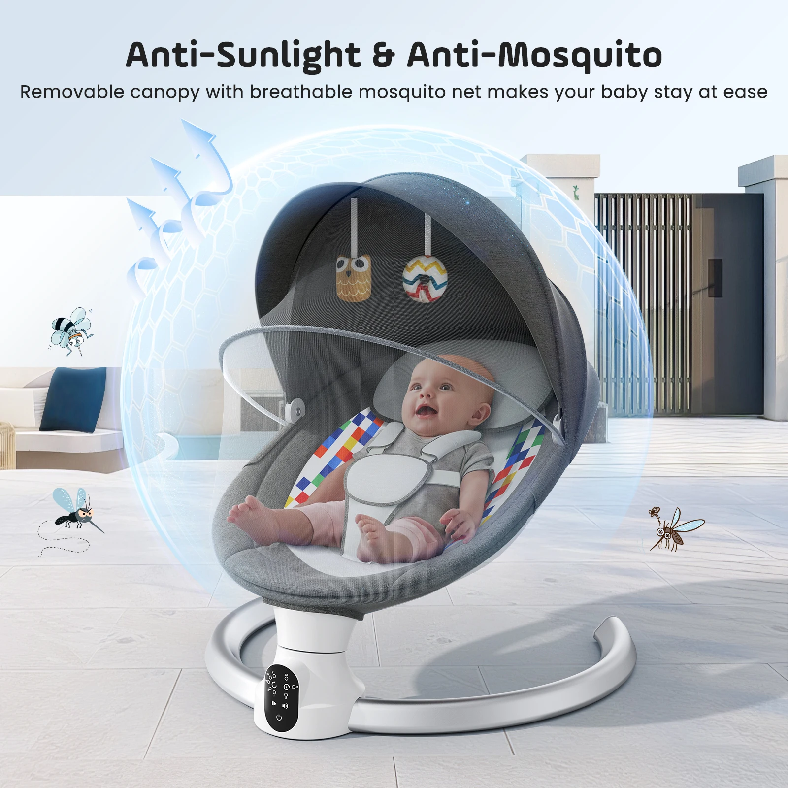 Transat Bébé Électrique Intelligent - 5 Vitesses, Musique & App/BT Détail du matelas doux en velours pêche et du harnais de sécurité 5 points