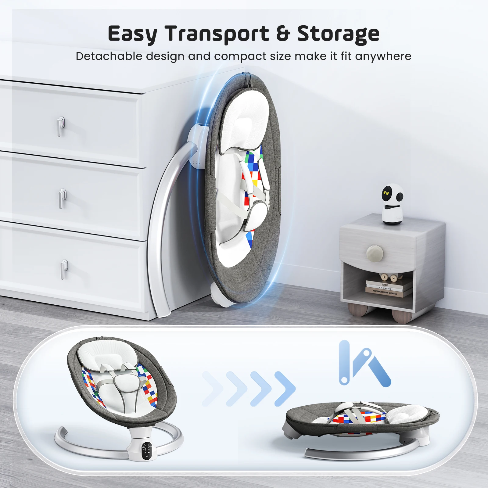 Transat Bébé Électrique Intelligent - 5 Vitesses, Musique & App/BT Matelas et coussin de transat bébé détachables et lavables en machine