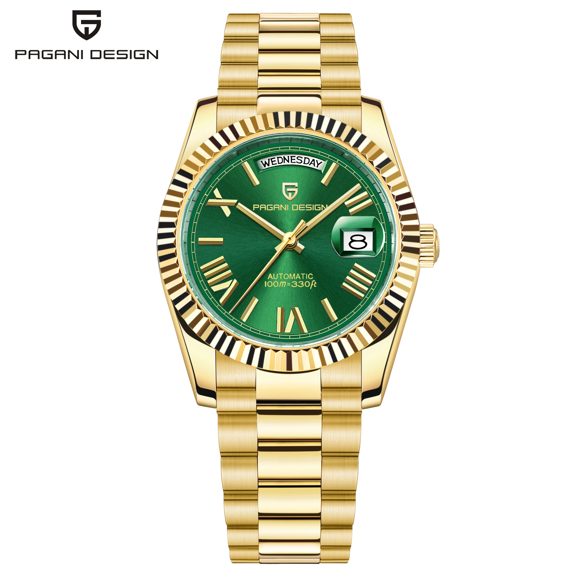 Montre Homme Automatique PAGANI DESIGN DD36 Or Vert V2 Luxe Saphir Montre Pagani Design DD36 or vert sur bracelet acier inoxydable