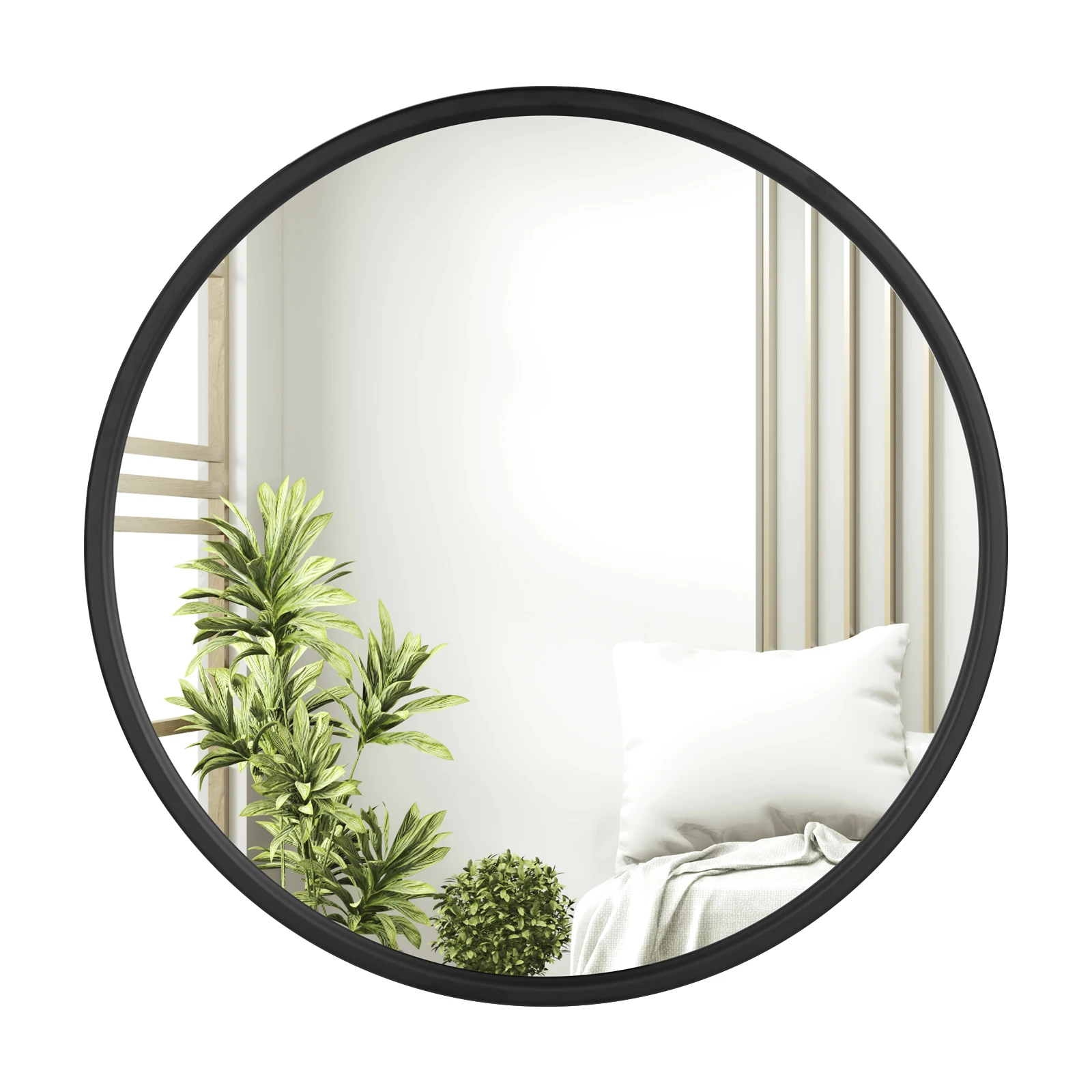 Miroir mural rond avec cadre doré, vue de face dans un intérieur moderne