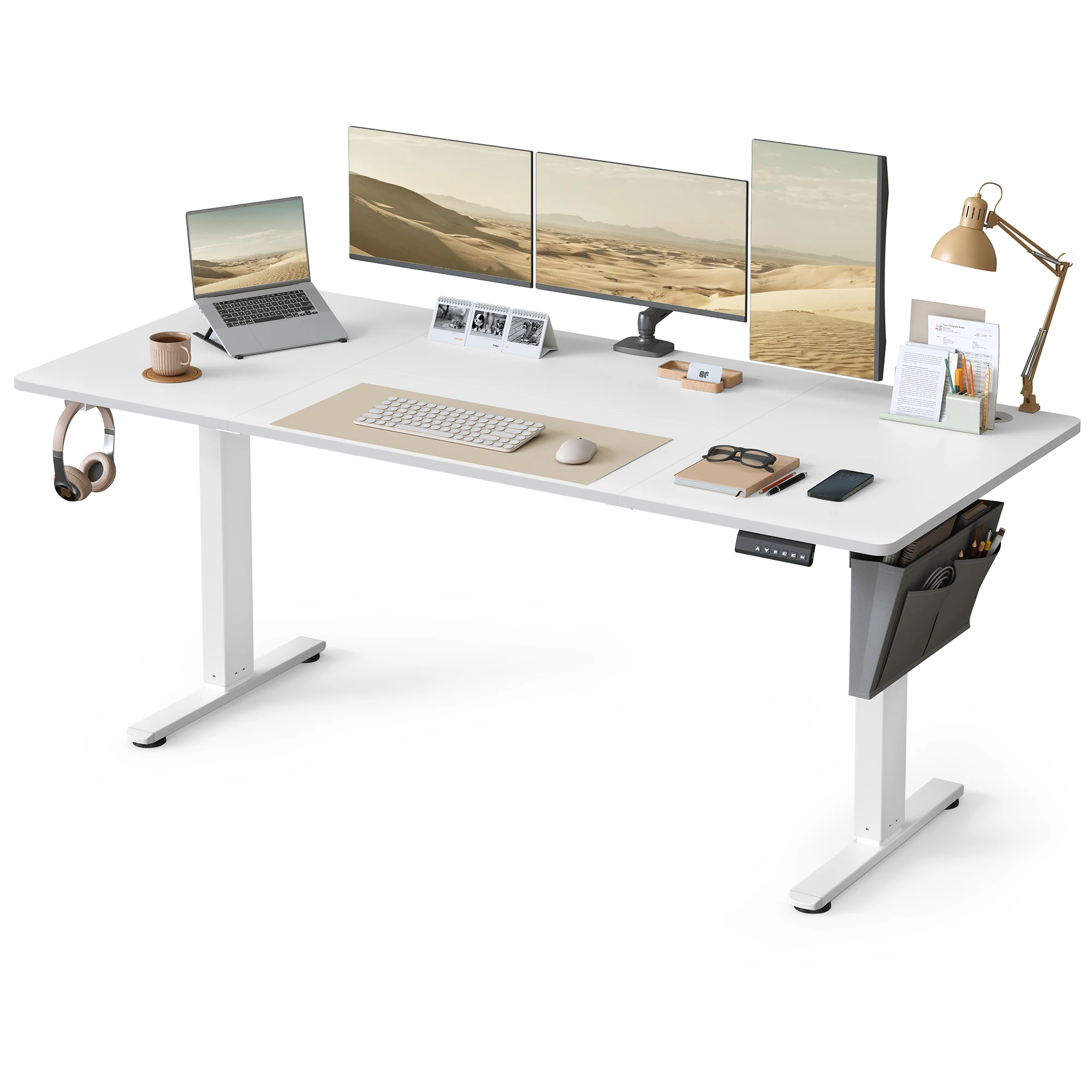 Bureau électrique SONGMICS 180x80 cm en position assise avec écran et accessoires de bureau