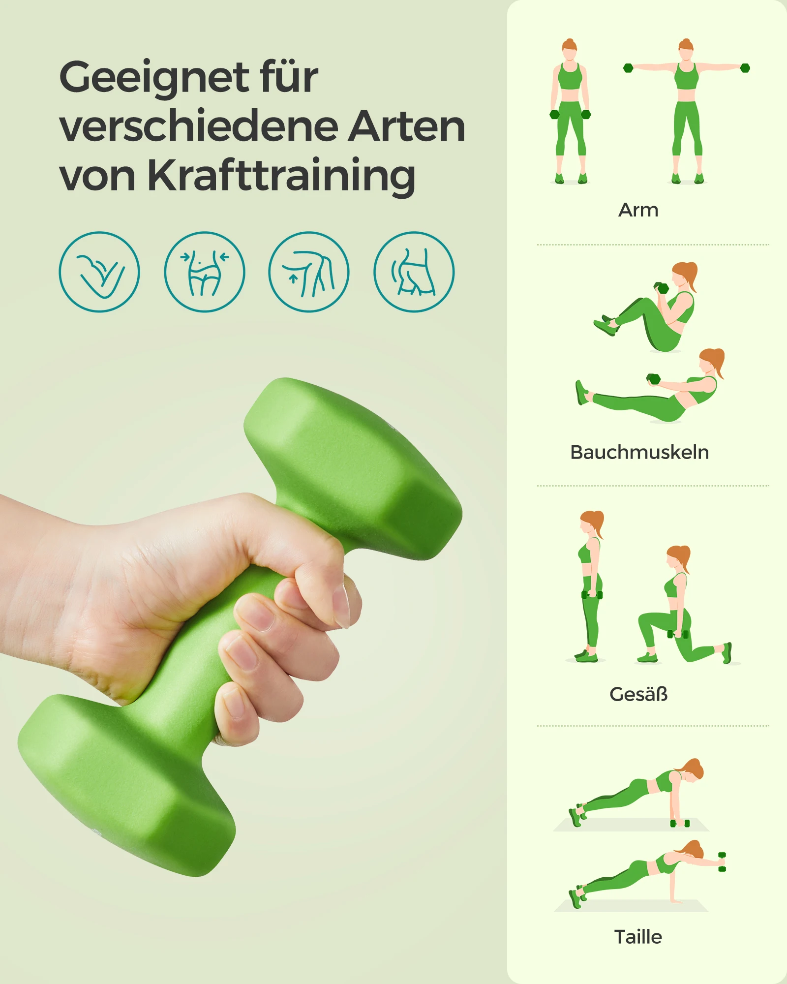 Gros plan sur les haltères SONGMICS en néoprène vert, poids 2kg