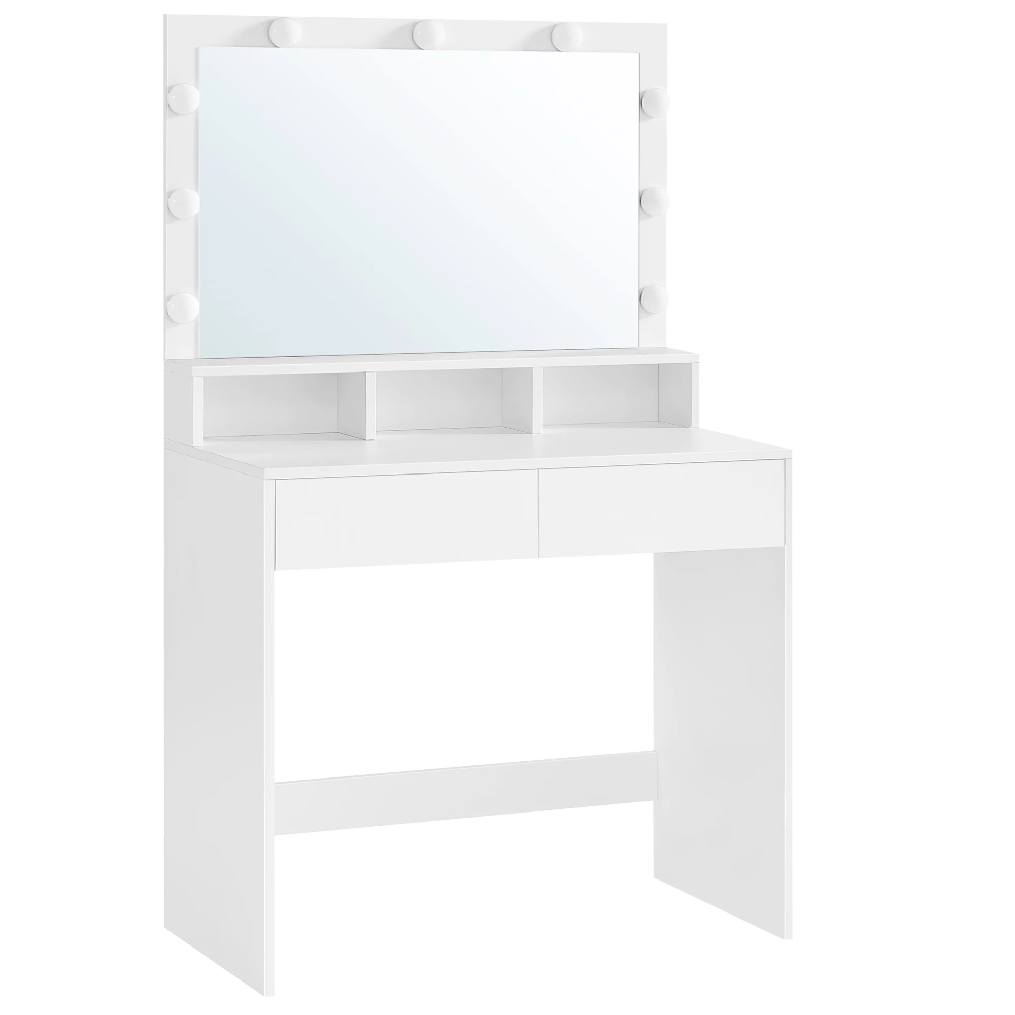 Coiffeuse LED Lumineuse VASAGLE - Miroir, Rangement & Design Moderne Femme se maquillant devant la coiffeuse VASAGLE avec éclairage