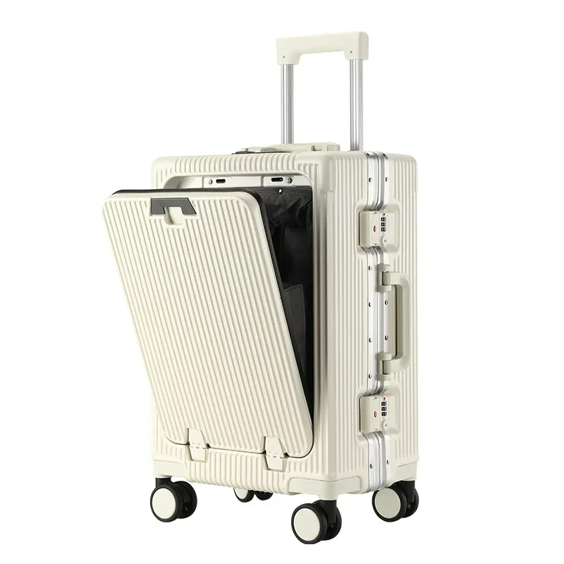 Valise trolley avec ouverture frontale et cadre en aluminium, design moderne.