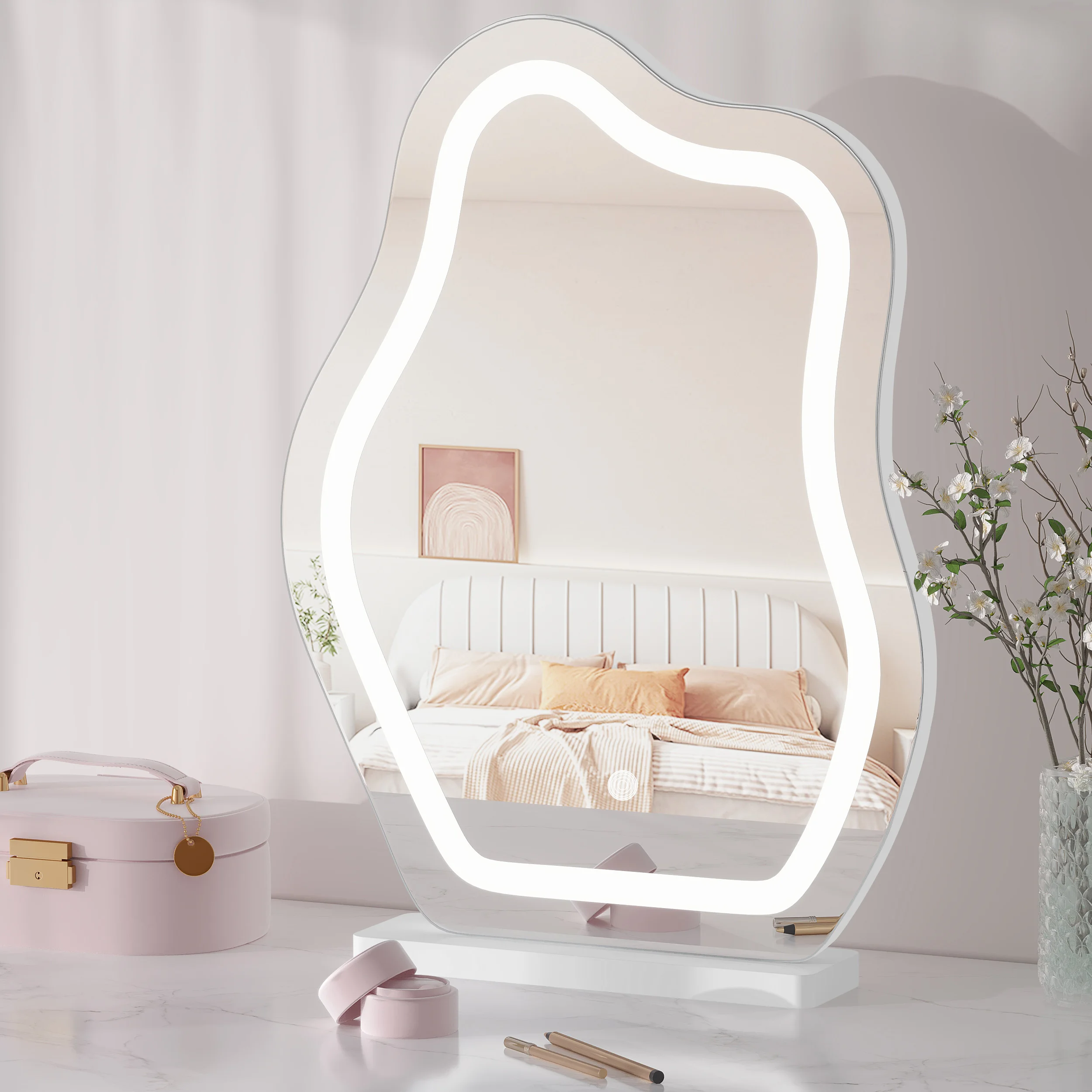 Miroir Maquillage LED Nuage - Lumière Dimmable 3 Couleurs Miroir de maquillage en forme de nuage blanc sur une table moderne