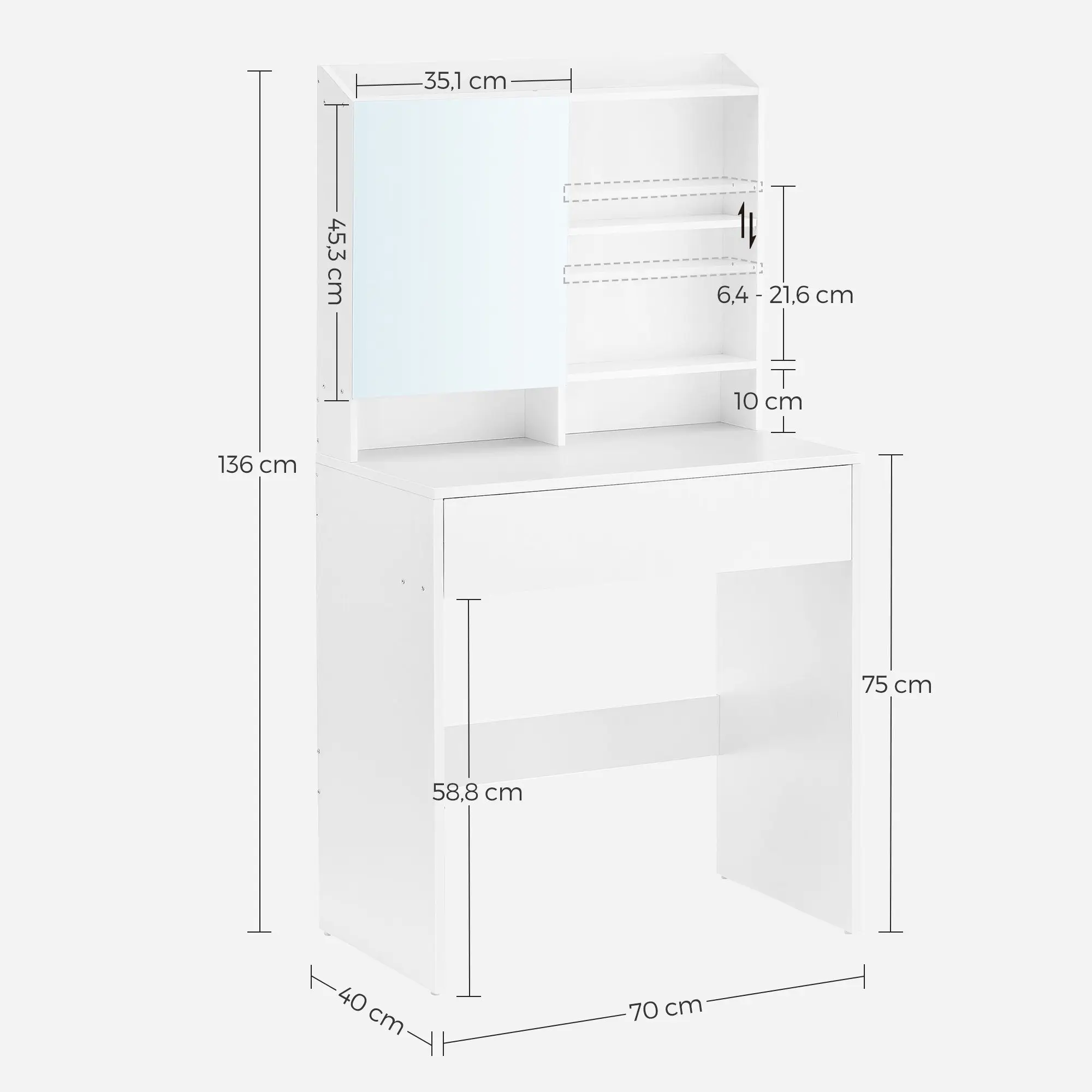 Coiffeuse VASAGLE avec Miroir & Rangements - Blanc Élégant Détail de la coiffeuse avec ses finitions et matériaux de qualité