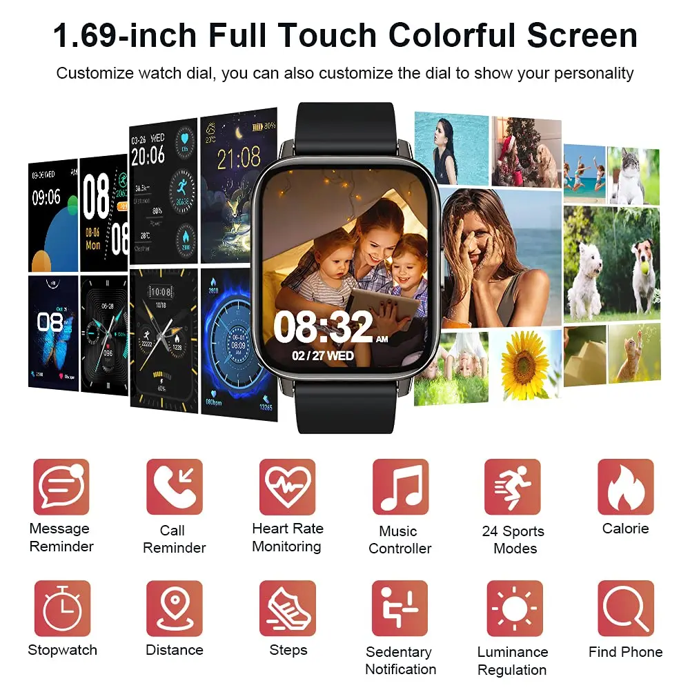 Montre Connectée Fitness Nerunsa - Suivi Santé & Activité 1.69'' Écran tactile 1.69 pouces de la montre Nerunsa