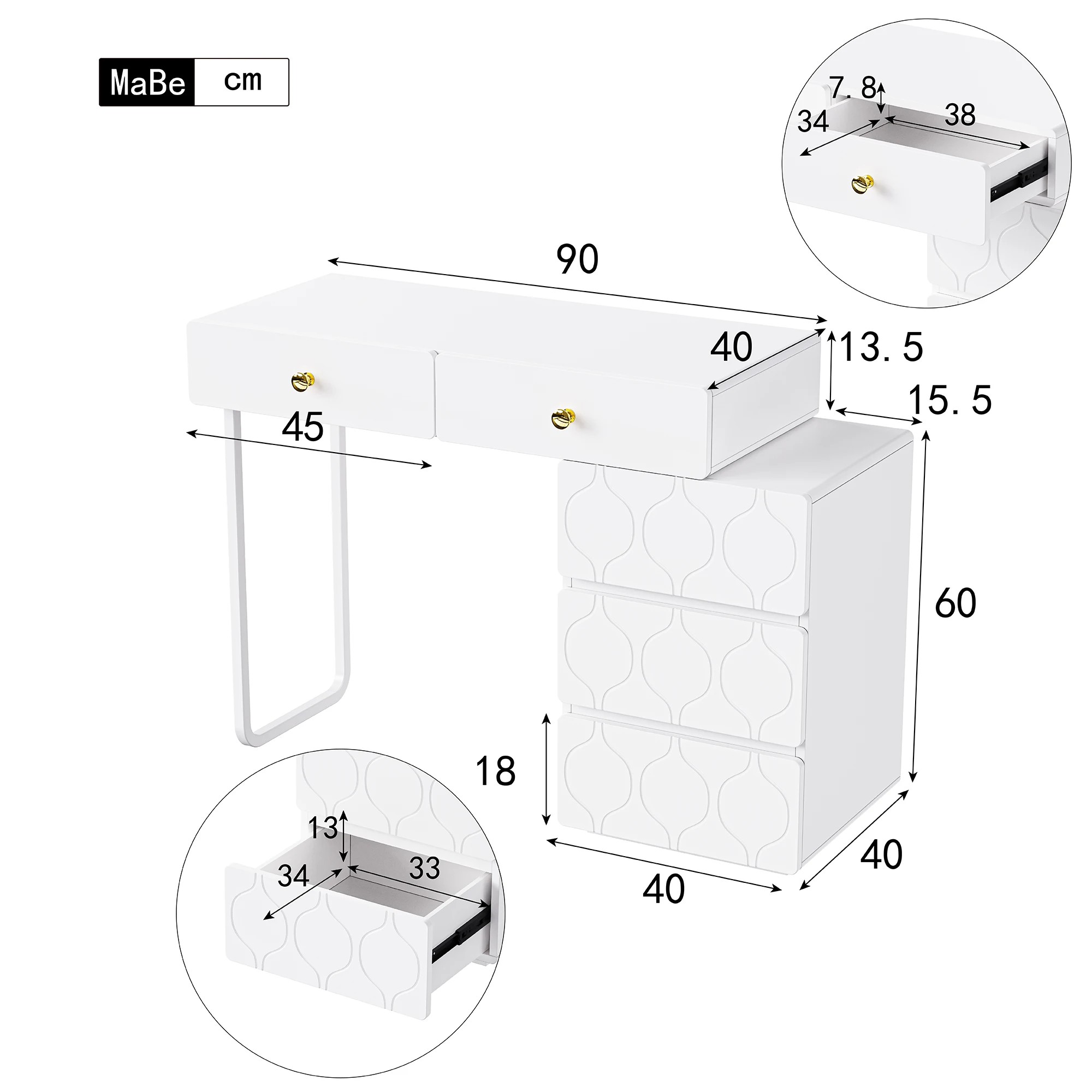 Coiffeuse Moderne Modulable 5 Tiroirs - Design Ondulé Blanc Coiffeuse modulable avec tiroirs design ondulé