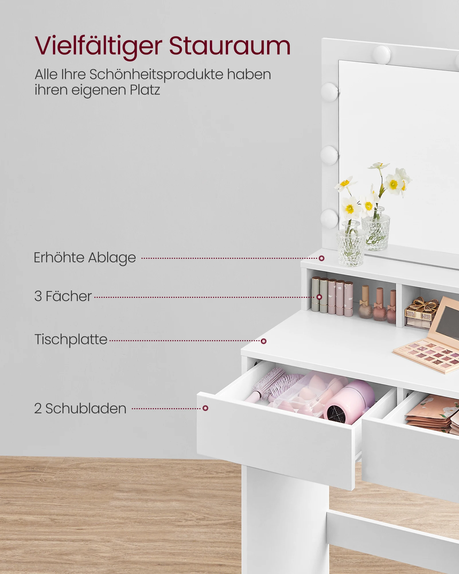 Coiffeuse LED Lumineuse VASAGLE - Miroir, Rangement & Design Moderne Détail éclairage LED dimmable coiffeuse VASAGLE