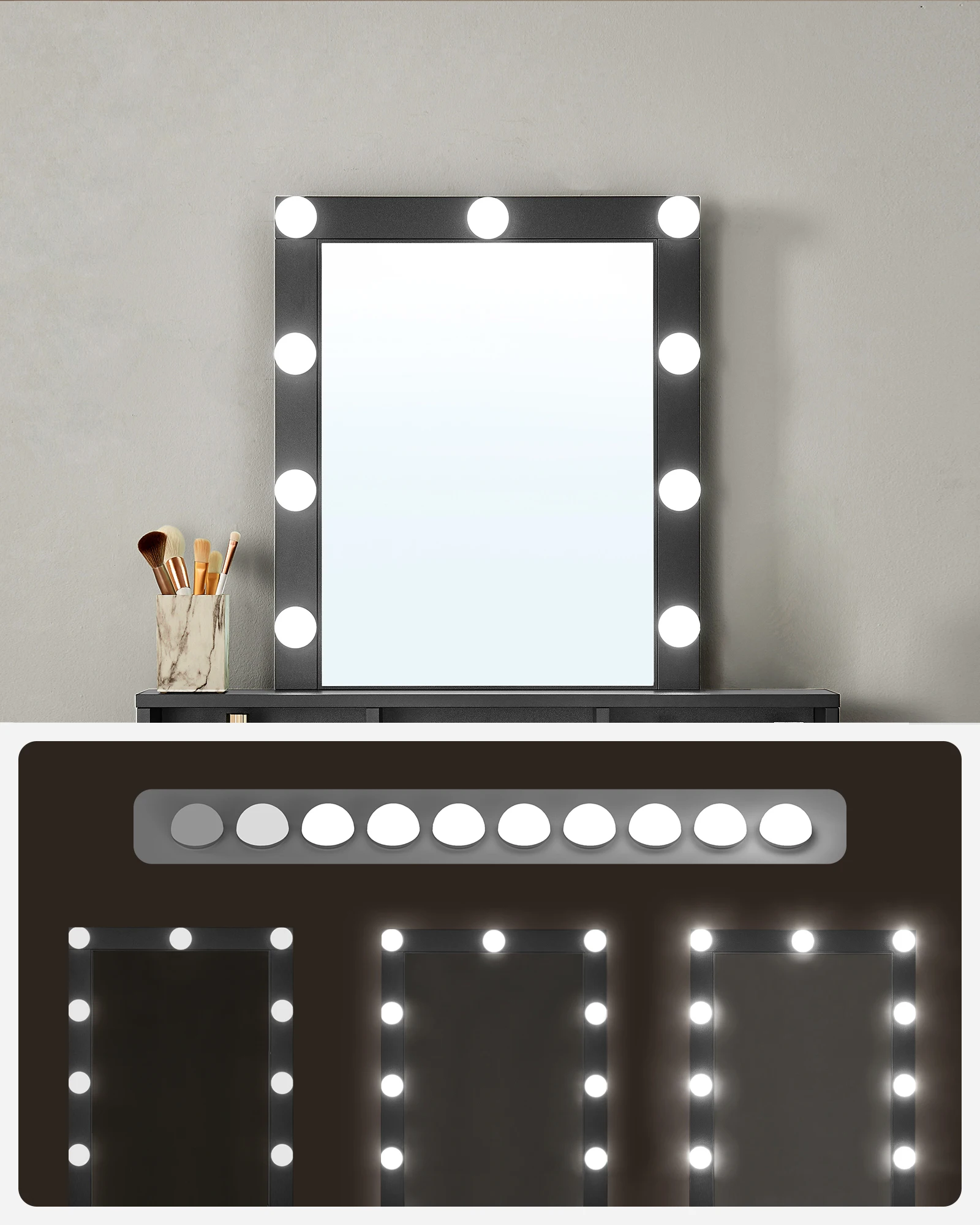 Coiffeuse Moderne LED - Rangement Intégré, Éclairage Ajustable Rangement organisé de produits de beauté sur une coiffeuse avec tiroirs