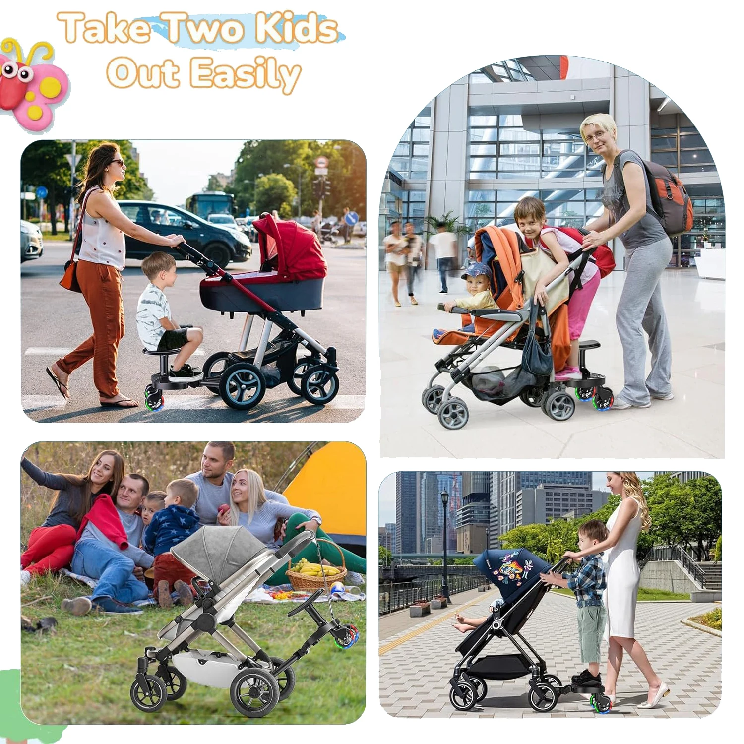 Pédale Poussette Enfant 2-en-1 - Assis/Debout Universelle Détail des roues rotatives à 360 degrés de la pédale de poussette