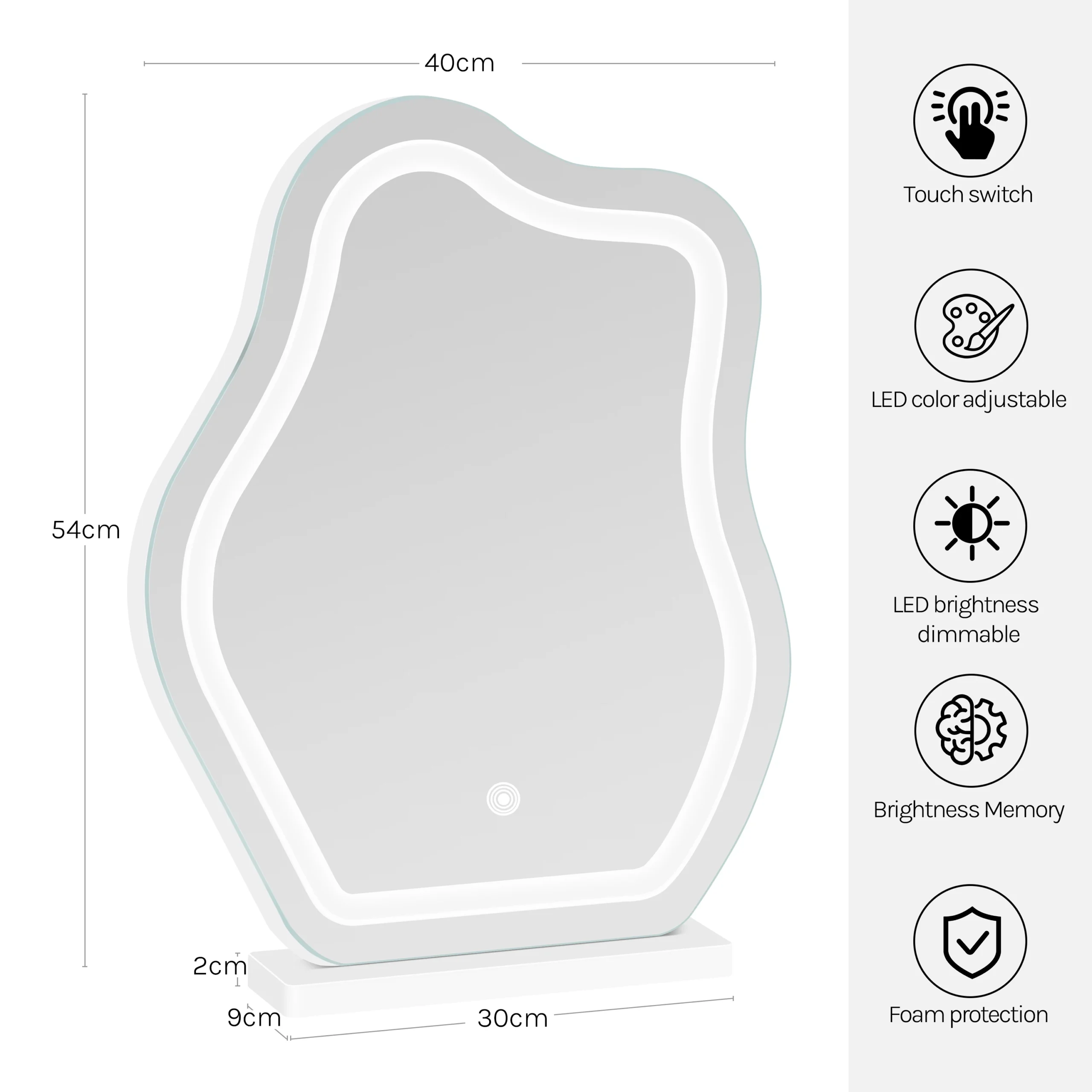 Miroir Maquillage LED Nuage - Lumière Dimmable 3 Couleurs Vue de face du miroir de maquillage LED en forme de nuage blanc avec éclairage