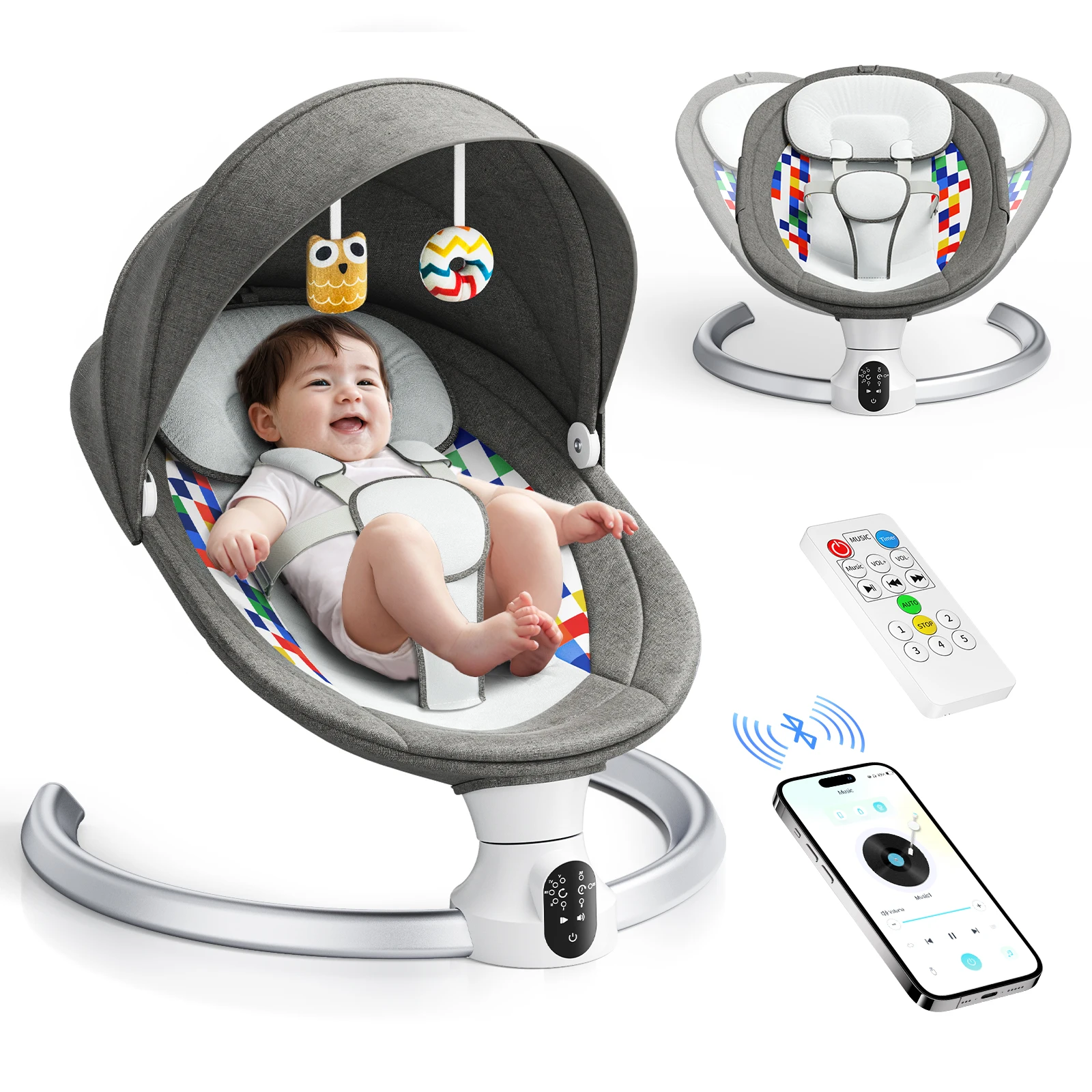 Transat Bébé Électrique Intelligent - 5 Vitesses, Musique & App/BT Transat bébé électrique gris avec balancement doux et capote