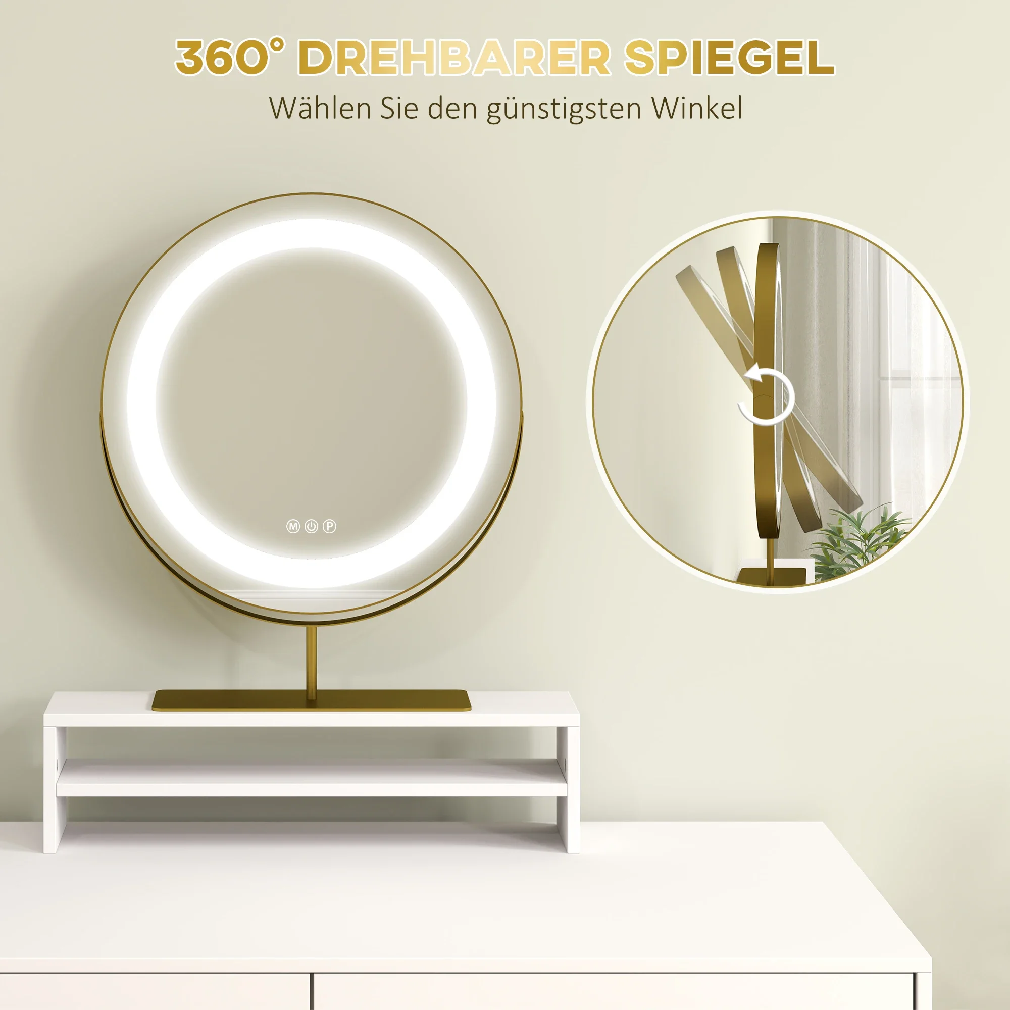 Coiffeuse Miroir LED Pivotant - Table Maquillage Rangement Élégant Rangement optimisé de la coiffeuse avec deux tiroirs et étagère ouverte
