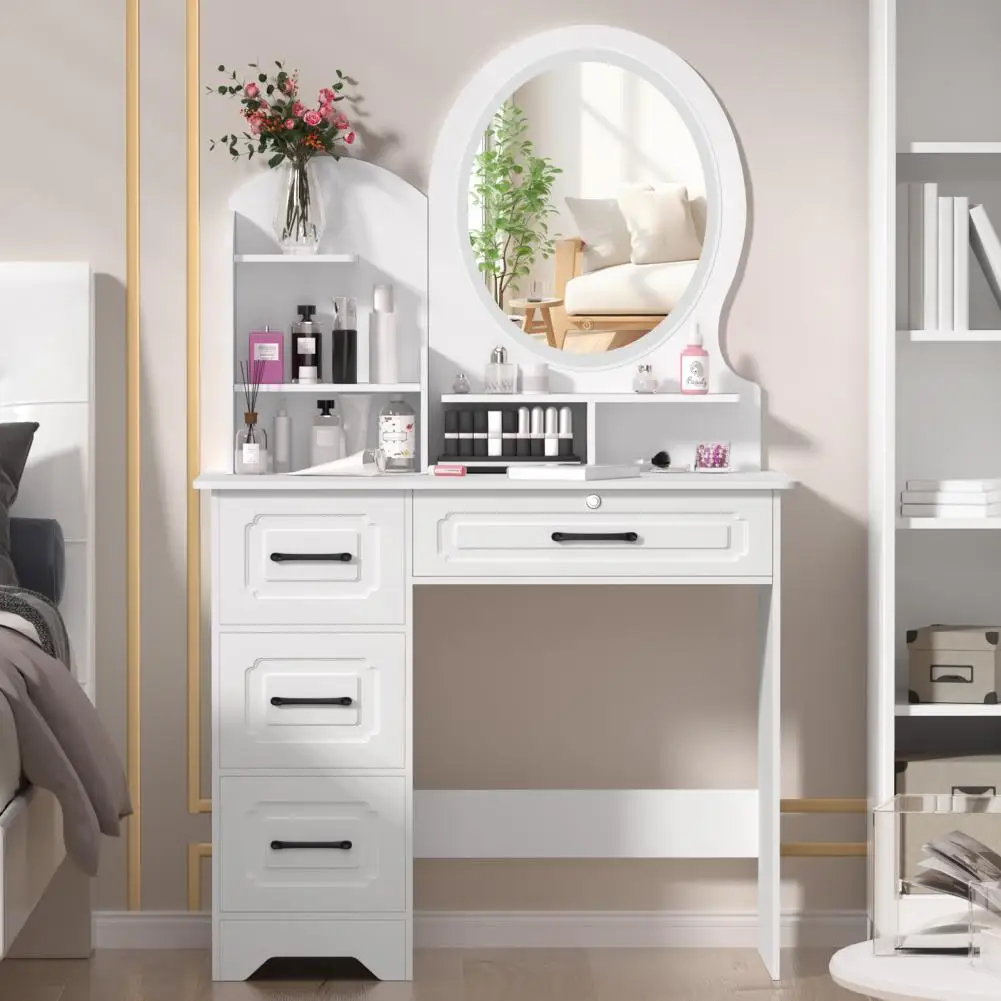 Coiffeuse Moderne Miroir LED & Rangement - Table Maquillage Chambre Détail des tiroirs et étagères de la coiffeuse pour maquillage