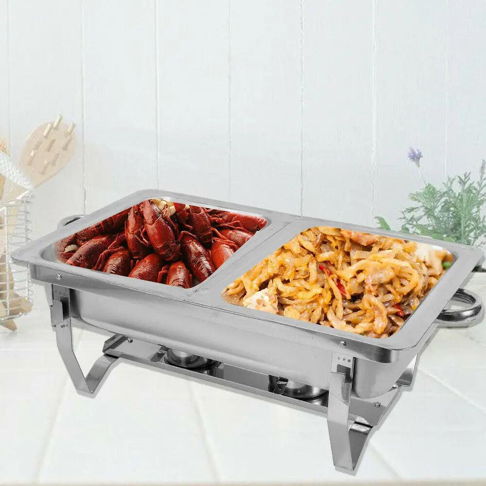 Chauffe-Plat Buffet Inox 7.5L - Double Compartiment Professionnel Chauffe-plat avec deux bacs à nourriture et porte-combustibles apparents