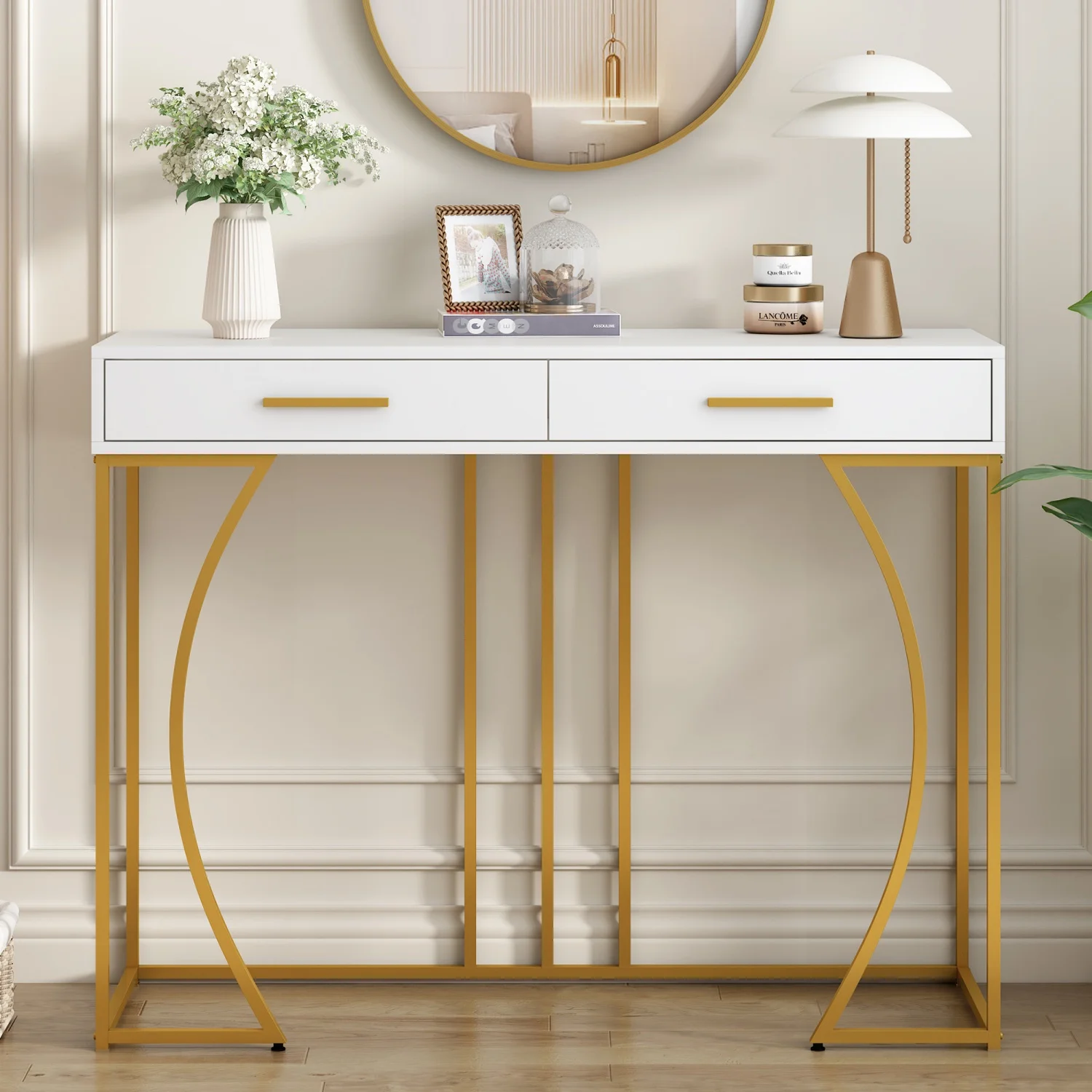 Console Design Luxe Blanche & Dorée - Coiffeuse et Table d'Appoint Détail poignée dorée console Vracado luxe