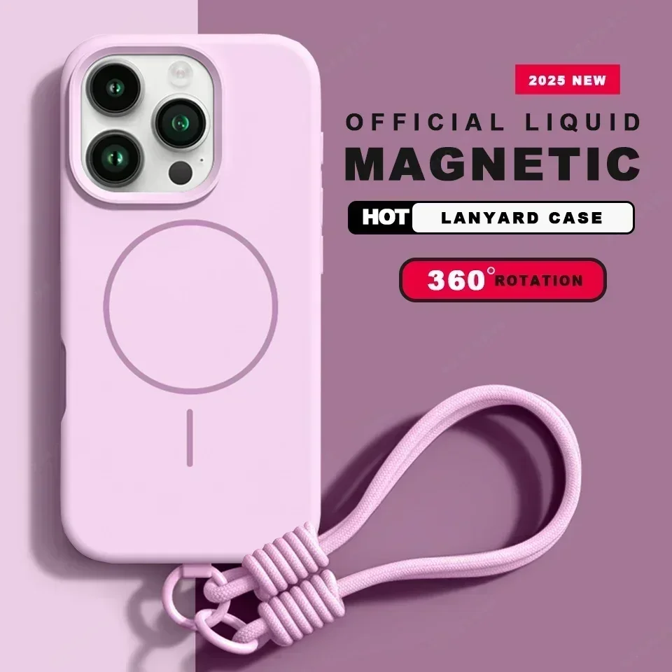 Coque iPhone Magsafe avec Lanière - Silicone Liquide Antichoc Personne utilisant son iPhone avec la coque et la lanière
